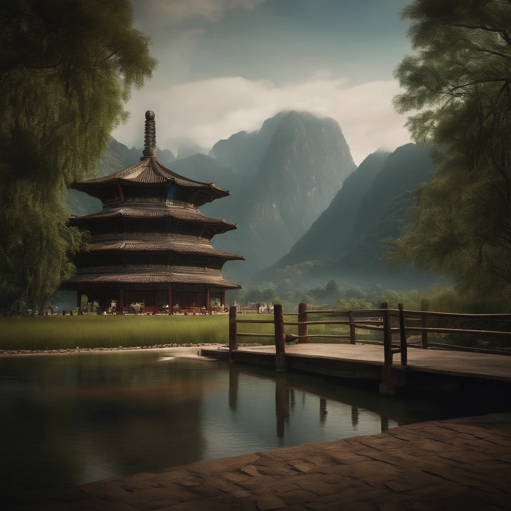 It depicts a beautiful West Lake and a green field.On one side of the lake are towering peaks，There was a little boy sitting inside the pavilion, while on the other side was a dense forest.The whole picture is vividly colored、Fresh and natural，4k画质，oil painted。