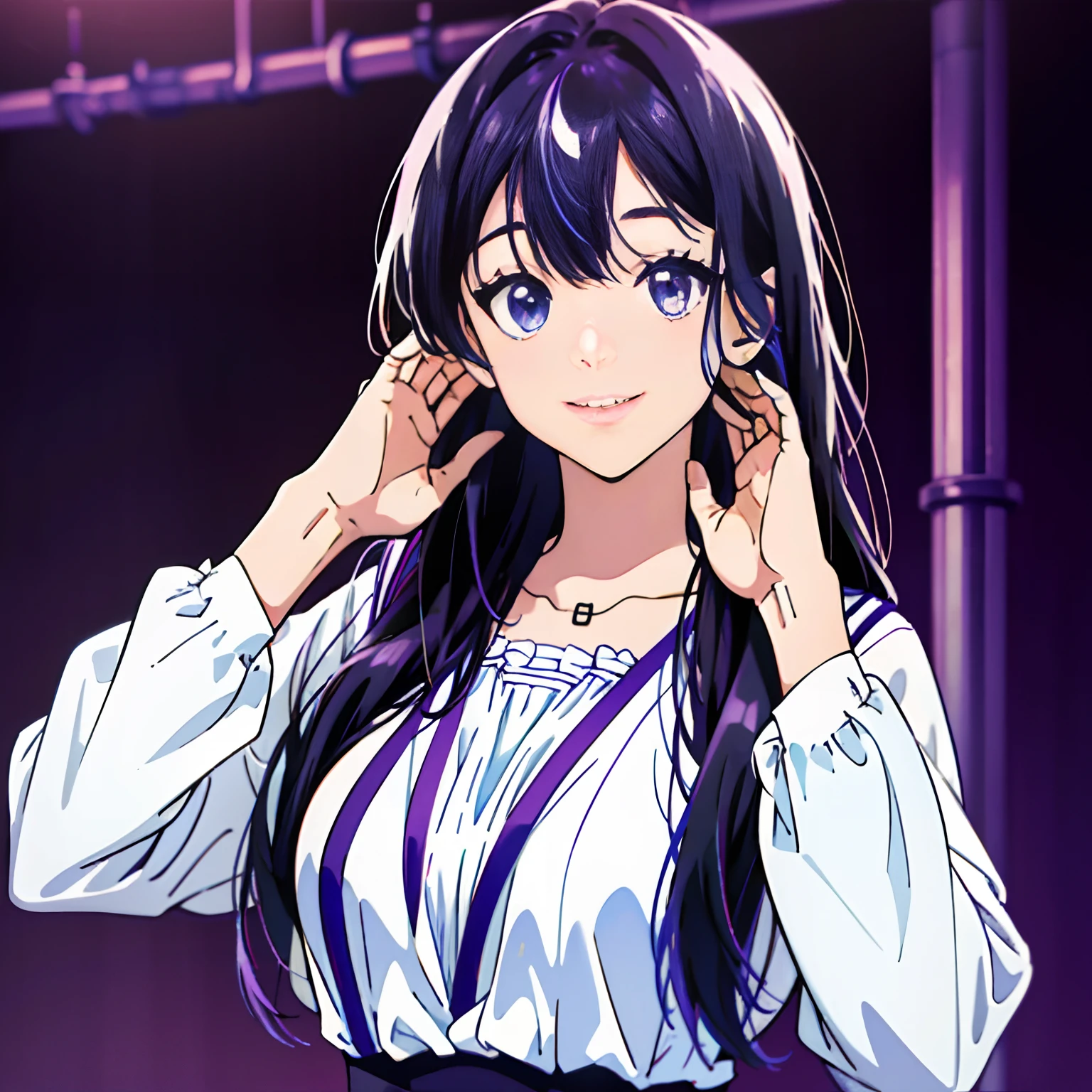 Masterpiece,1girll,Solo, Light smile, Metal necklace, White shirt, Modern School Uniforms, Accessories, Purple and black two-tone hair color, Unique hairstyle, Stylish, Black background