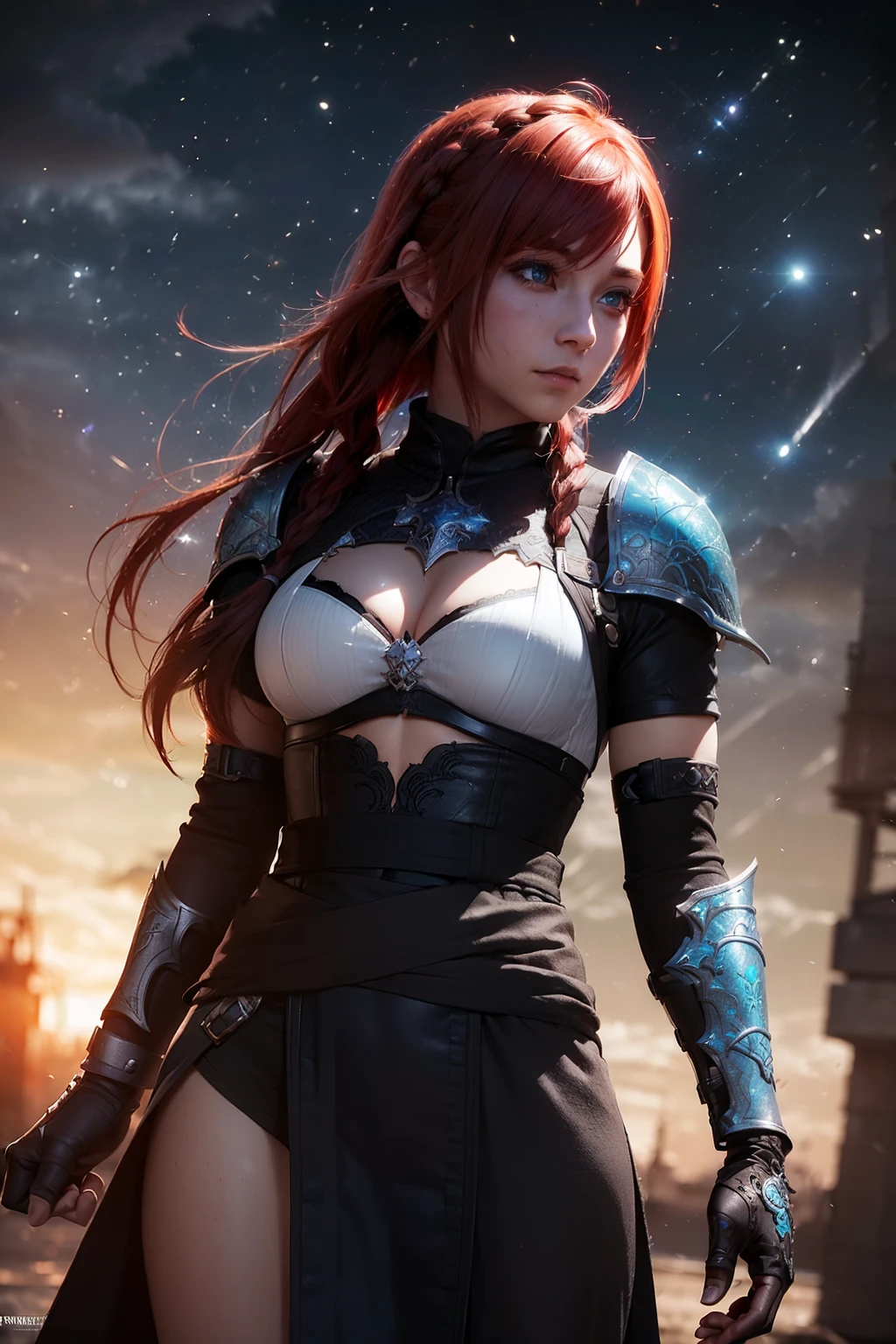 (((From face to the waist view::1. 4))), realistic skin texture, front view::1.0, (((Final Fantasy aesthetic style))) in complex & hyper detailed fantasy armor, panning photography::1, midnight hour, expressive hyper detailed beauty eyes::1.0, short redhead hair & long braid