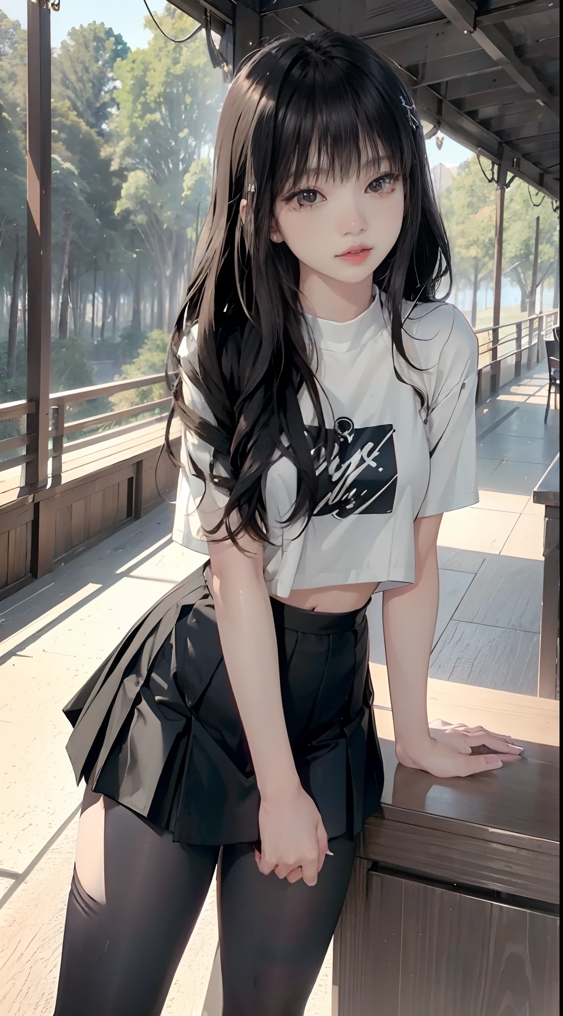((Lisa from Blackpink)), t-shirt, tiny pleated skirt, waist-high black tights, high heels, close-up from thighs to face, shot from below, very light skin, very long hair, wavy hair, camp, forest, photorealistic , indirect lighting, volumetric light, ray tracing, hyper-detailed, best quality, high resolution, HDR, 8k