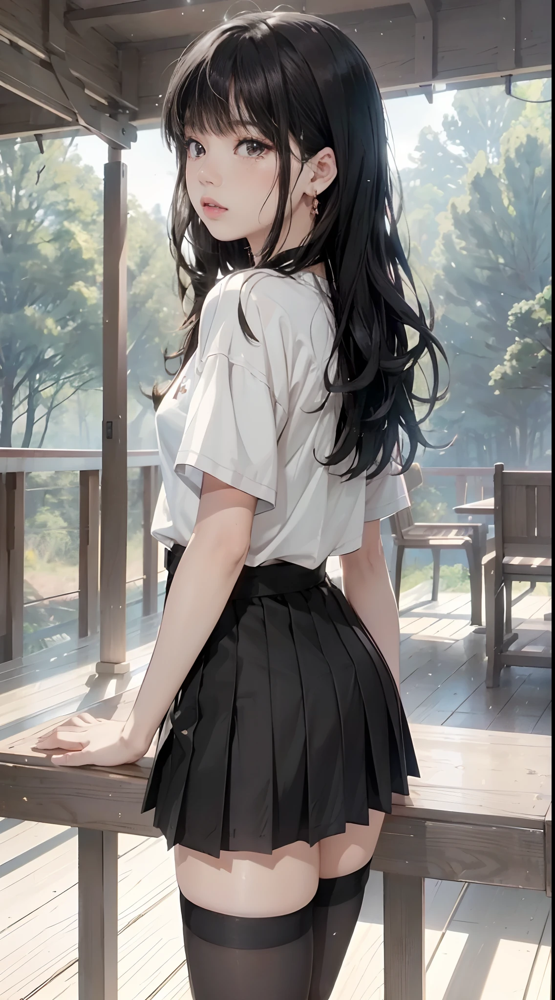 ((Lisa from Blackpink)), t-shirt, tiny pleated skirt, waist-high black tights, high heels, close-up from thighs to face, shot from below, very light skin, very long hair, wavy hair, camp, forest, photorealistic , indirect lighting, volumetric light, ray tracing, hyper-detailed, best quality, high resolution, HDR, 8k