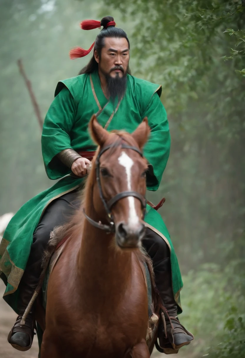 Guan Yu rode a red horse,Wearing a green robe,Waving a slash,character splash art,Lightning is everywhere。
