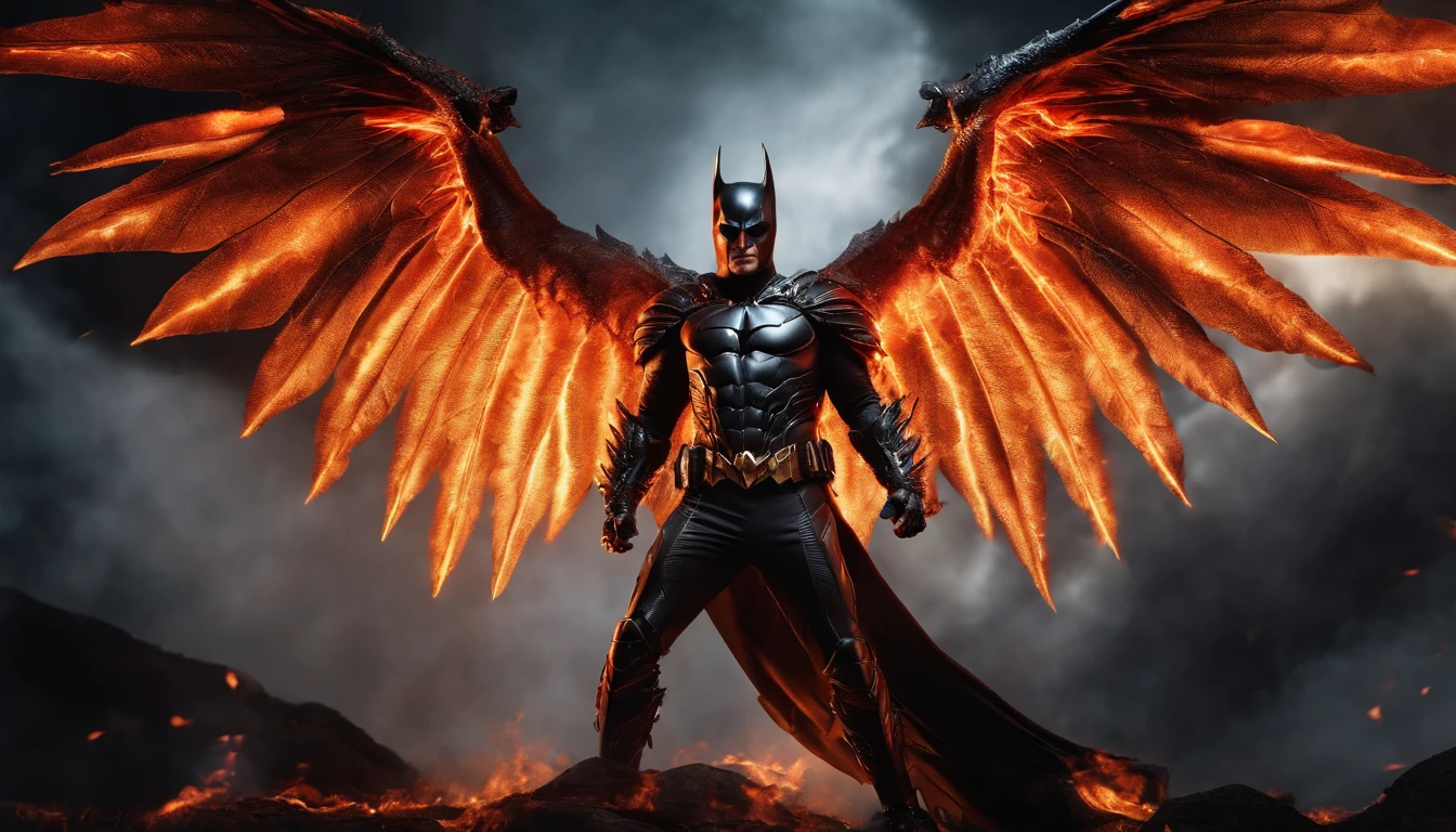 Ultra-realistic devil: A silver and black armor  batman angel with wings spread with a fiery sword in his hand, fire in the background