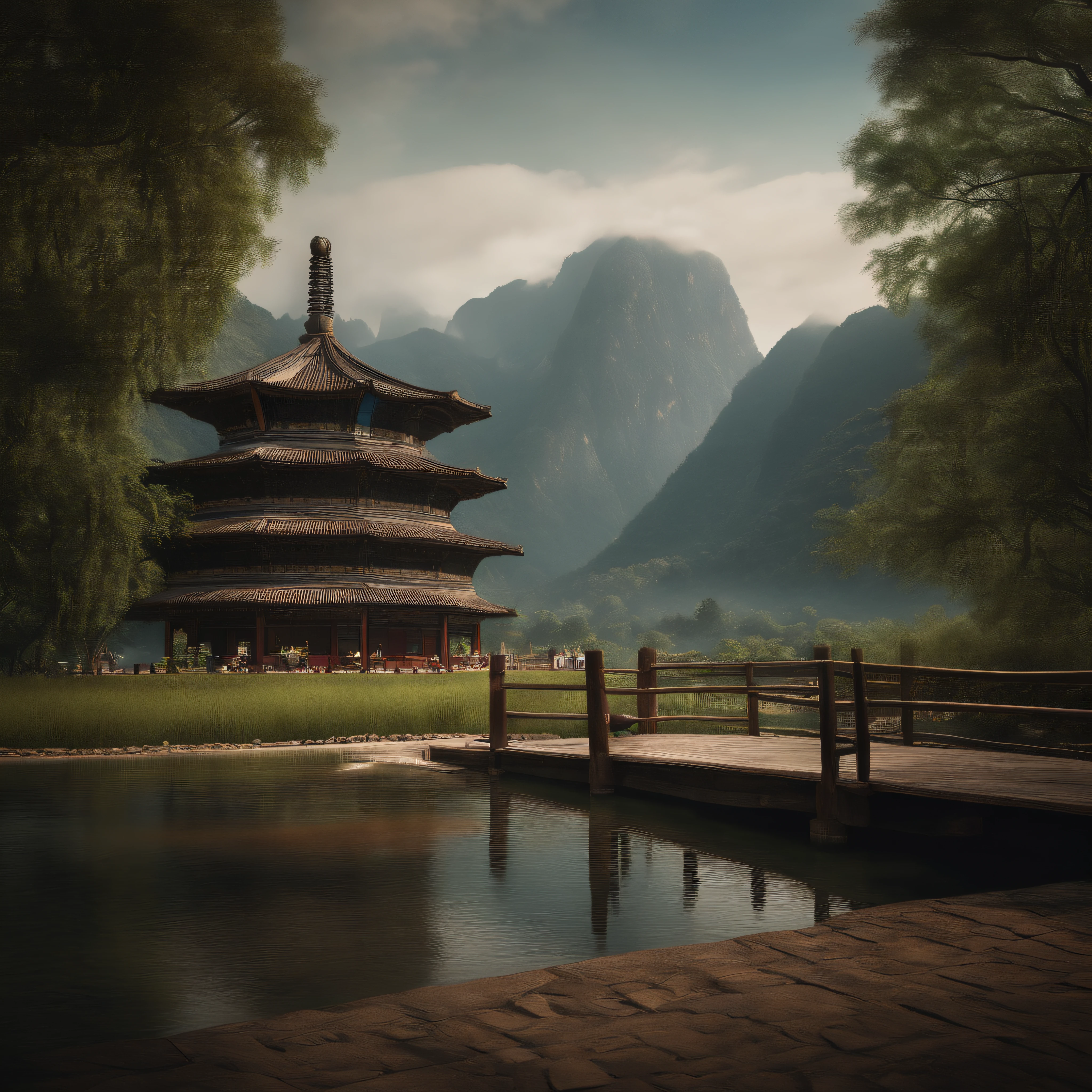 It depicts a beautiful West Lake and a green field.On one side of the lake are towering peaks,There was a boy sitting inside the pavilion, while on the other side was a dense forest.The whole picture is vividly colored、Fresh and natural,4k画质,oil painted。