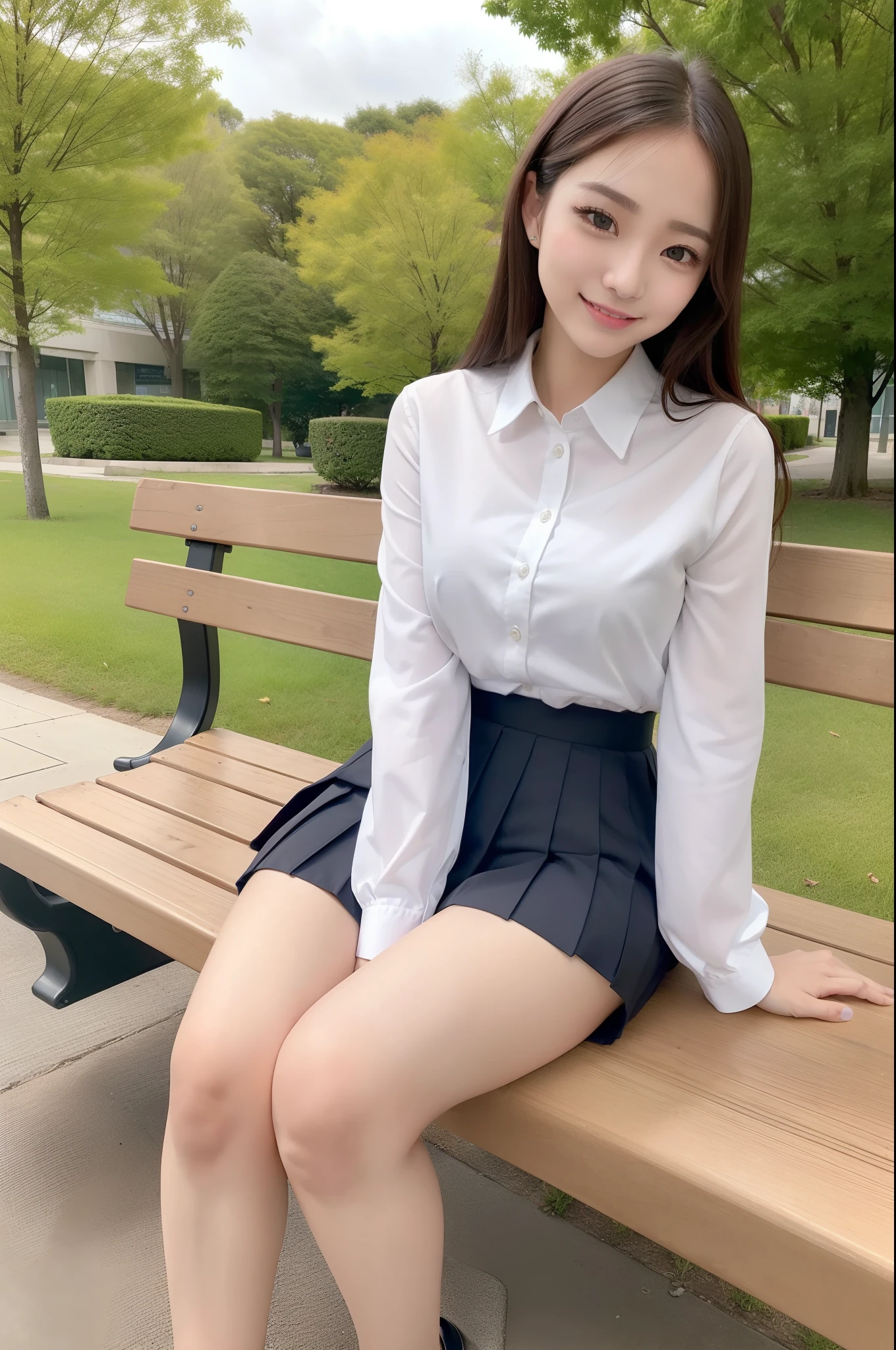 (realisitic、Photorealsitic:1.37)、(masterpiece)、(top-quality:1.4)、(超A high resolution:1.2)、(Raw photography:1.2)、(foco nítido:1.3)、(Face Focus:1.2)、elegent、(full body Esbian:1.2)、top-quality、masterpiece、(真实感:1.2)、girl with、brown haired、Brown-eyed、frontage、A detailed face、beautidful eyes、Pleated mini skirt uniform、Panties are slightly visible、Boldly sit on a park bench(1.5)、Biting smile、a lot of eyelashes、high-heels、 Very pretty