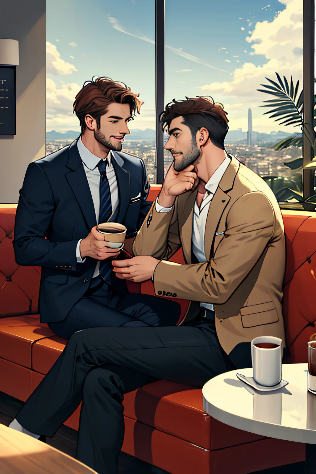 Two handsome 30-year-olds, drinking coffee and chatting about the sky, sitting on the couch in a fancy café