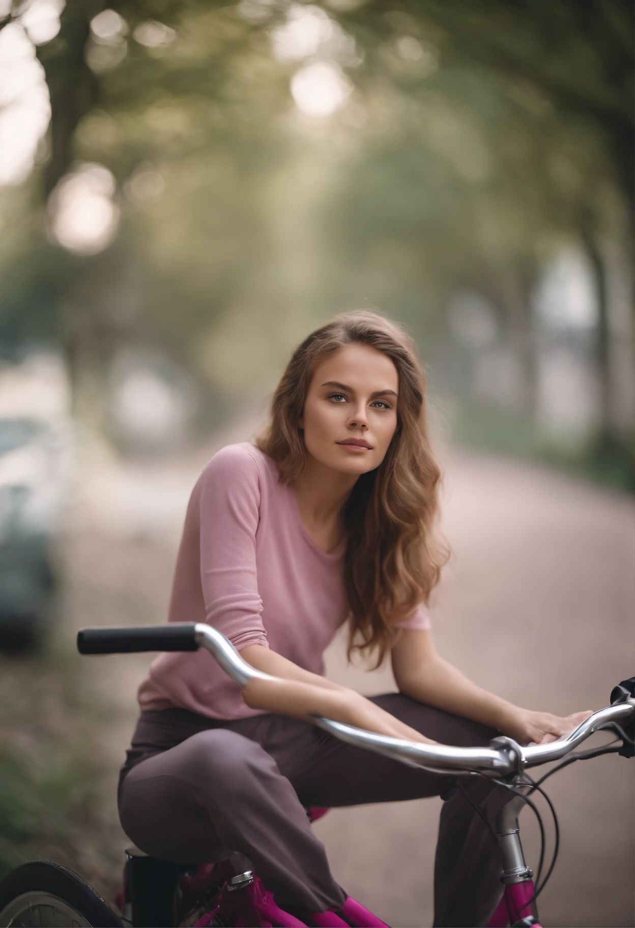 young woman laying on a bicycle , in the style of light magenta and light gray, calm and meditative, barbizon school, exaggerated facial features, light brown and white, happycore, emotional sensitivity ,upper body,dark skin