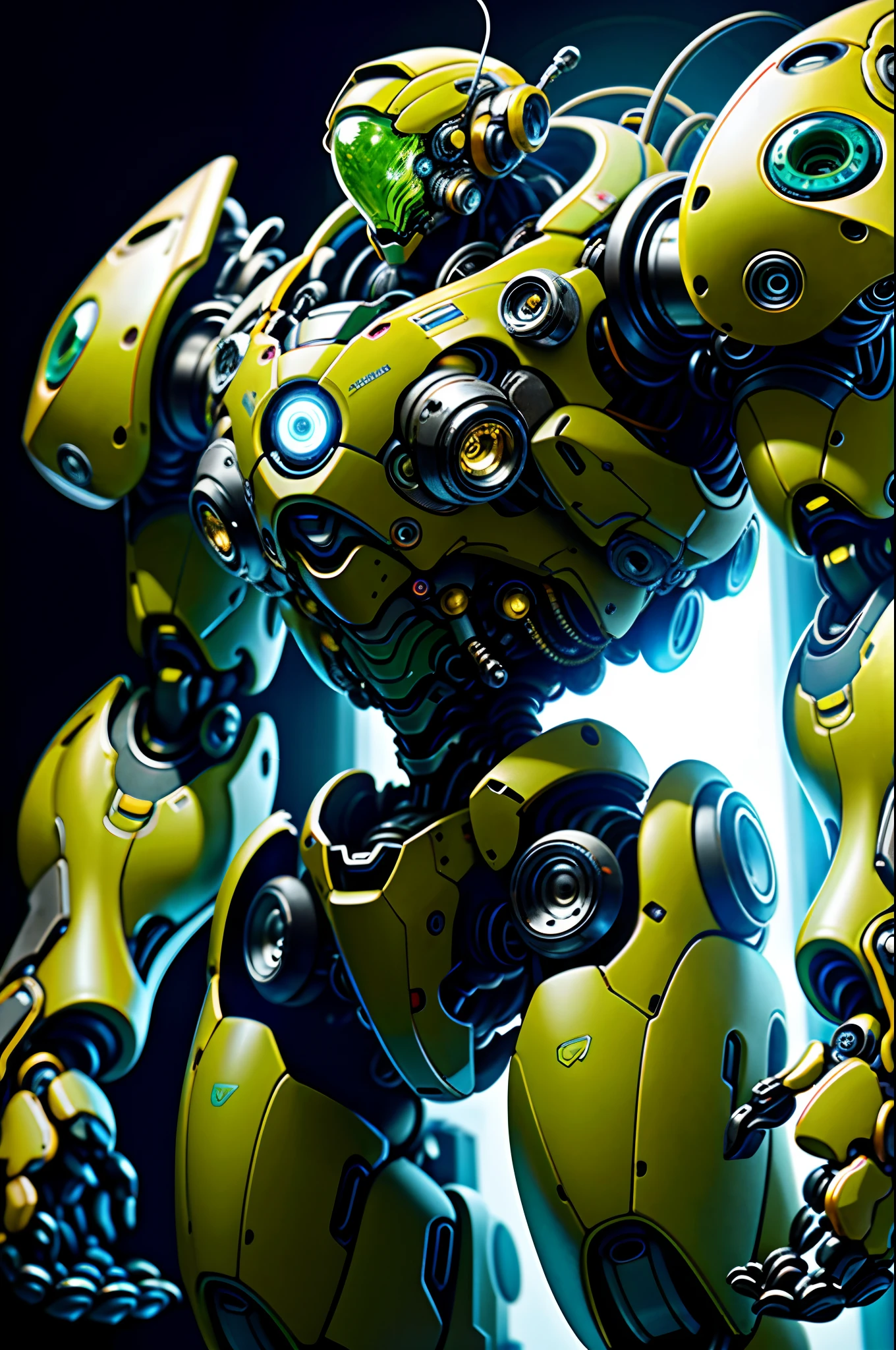 "Robots wearing space suits, Explorando a floresta misteriosa, capturado com uma lente macro, adding a touch of blur for an artistic effect, filmed in a studio environment. Focus on the intricate details of the robots and their futuristic design. Improve visual quality with RTX graphics. Incorporate the colorful and vibrant aesthetic inspired by the art of lora, especificamente o conceito de 'FINAL Robort' com um peso de 1, e experimente o estilo nijiMecha a um peso de 0.7."