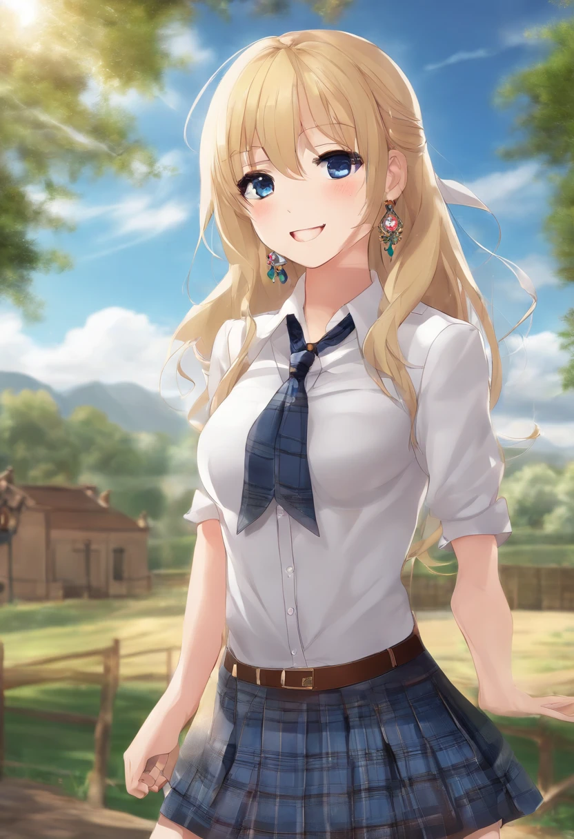 masterpiece, best quality, highres, kitagawa marin, 1girl, blonde hair, long hair, multicolored hair, red eyes, jewelry, earrings, piercing, school uniform, white shirt, tied shirt, black choker, blue necktie, plaid skirt, grin, smile, standing, cowboy shot, outdoors,