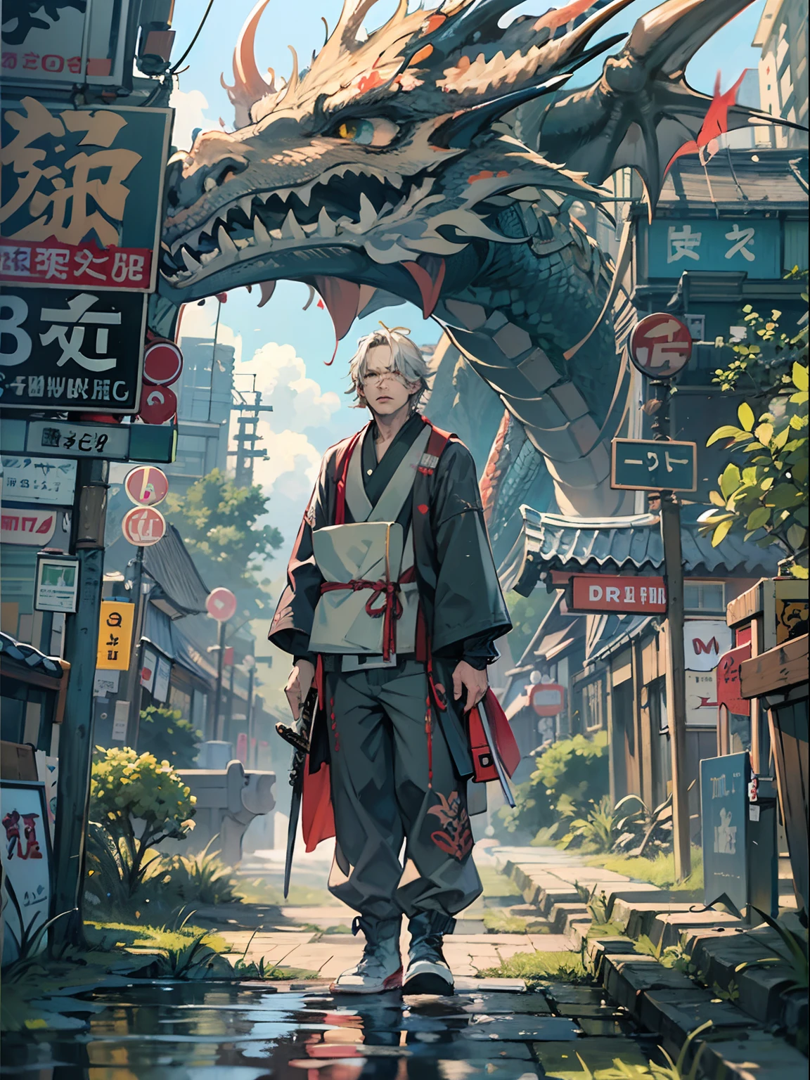1boy,(Man's:2) ,Cyberpunk Boy、silber hair、machine gun、Japanese Katana Sword、Bloody、The beginning of the adventure、(Dragon in the sky:1.5)、Clouds,ruined and devastated city、Complex Japan buildings、school buildings、shrines、railroad crossing、Bus stop、Trees、Sunlight、Warm lighting、puddles、Good old Japan landscape、Beautiful and fantastic summer landscape、Cinematic scenery、hightquality、masutepiece,8K、hight resolution、ultra-detailliert,