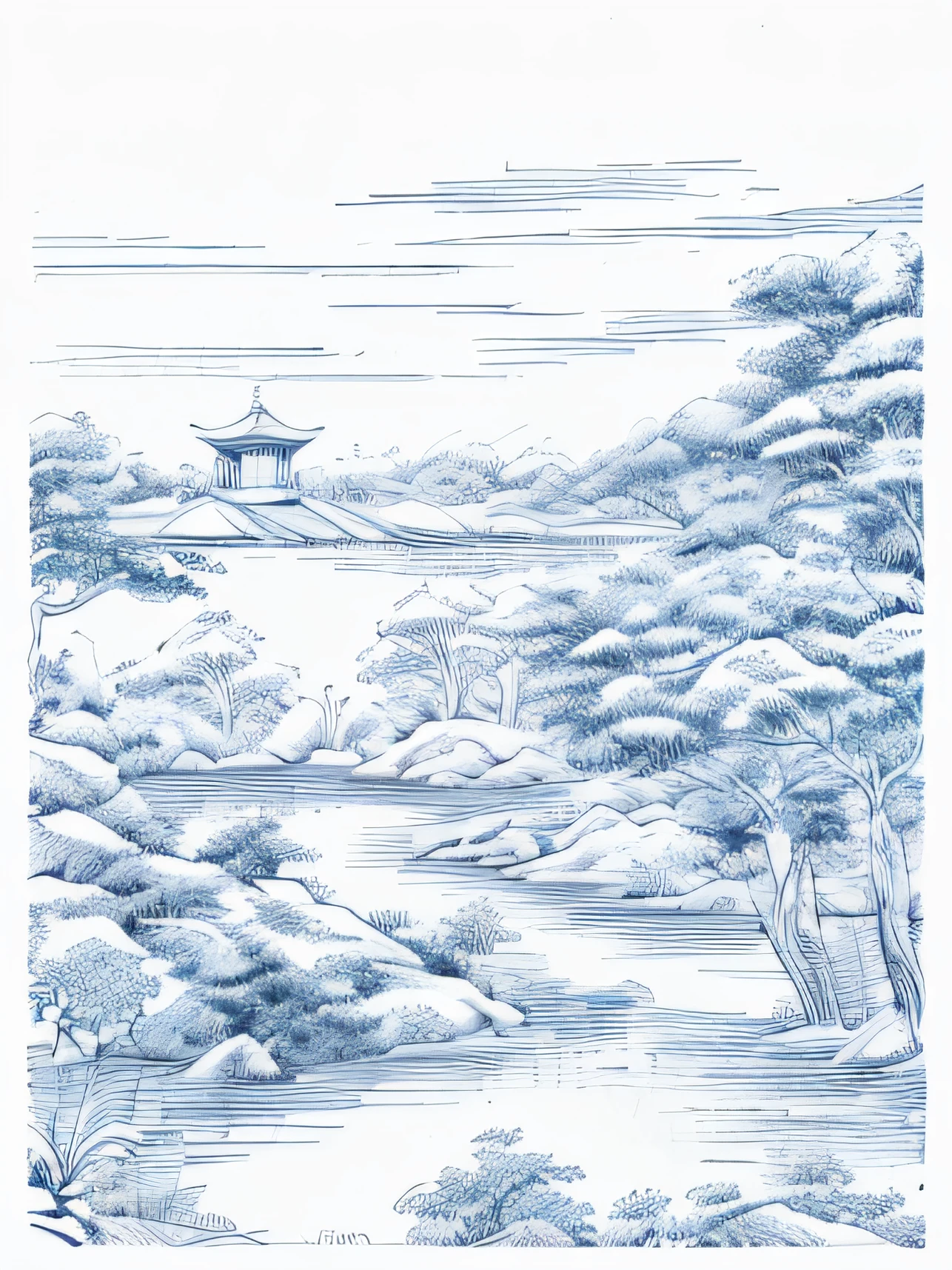 Detailed sculpted lines,woodblock print,Linoleum prints,Chinese landscape texture design,Chinese pavilions,Blue and white porcelain,Mono Color,Minimalist style,white backgrounid,Sparse layout,Huge negative space