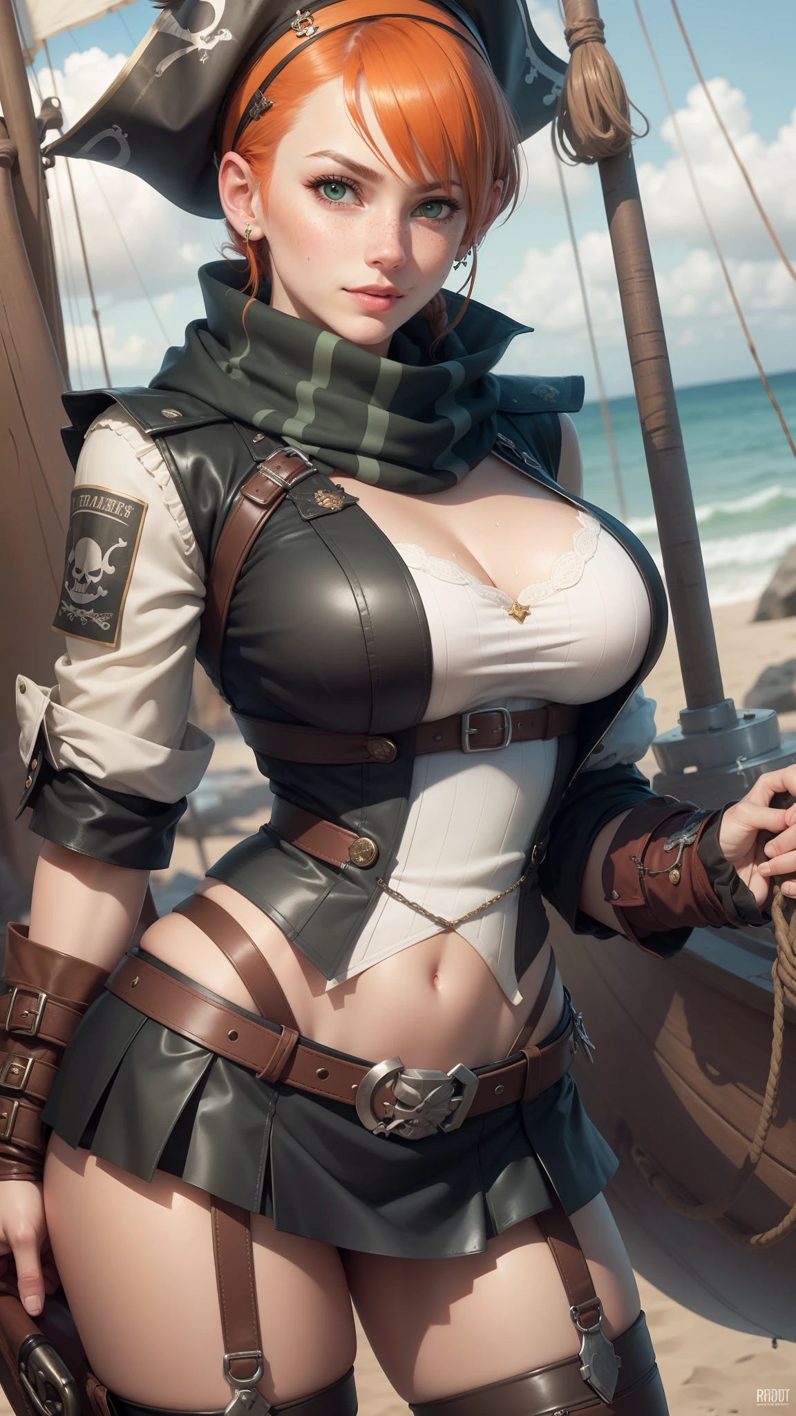 gwen tennyson,tracer,yorha 2b,nami, rebecca chambers,reisalin stout,pirate outfit,beach,teenager,green eyes,thigh high boots,garter belt,striped panties, short hair,orange hair,pirate ship,shy smile,white striped top,tight skirt,wet shirt,freckles,redhead,pirate corset,pirate jacket,beautiful girl,large breasts,ultra detailed,realistic,pearl earrings,long scarf,pirate sash,