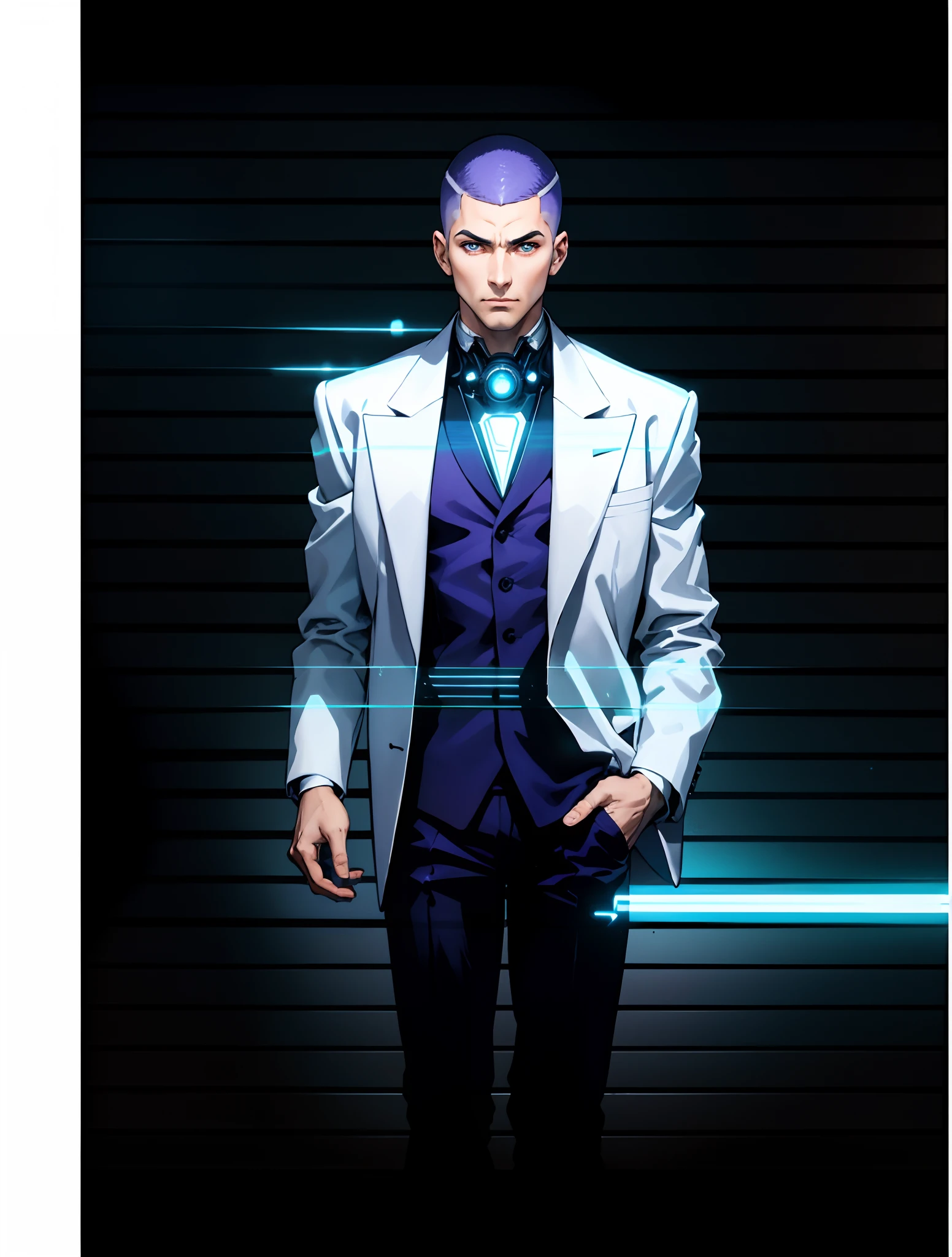 A man with a crew cut, a calm and rational expression, a wise gaze, wears a futuristic scientist's coat, primarily in shades of white, accented by touches of blue and purple, matching utility pants, standing in a mysterious laboratory of an ancient and advanced civilization, with a high-tech incubation tank emitting a faint glow in the background, this character embodies a finely crafted a futuristic sci-fi scientist in anime style, characterized by an exquisite and mature manga illustration art style, high definition, best quality, highres, ultra-detailed, ultra-fine painting, extremely delicate, professional, anatomically correct, symmetrical face, extremely detailed eyes and face, high quality eyes, creativity, RAW photo, UHD, 8k, Natural light, cinematic lighting, masterpiece:1.5