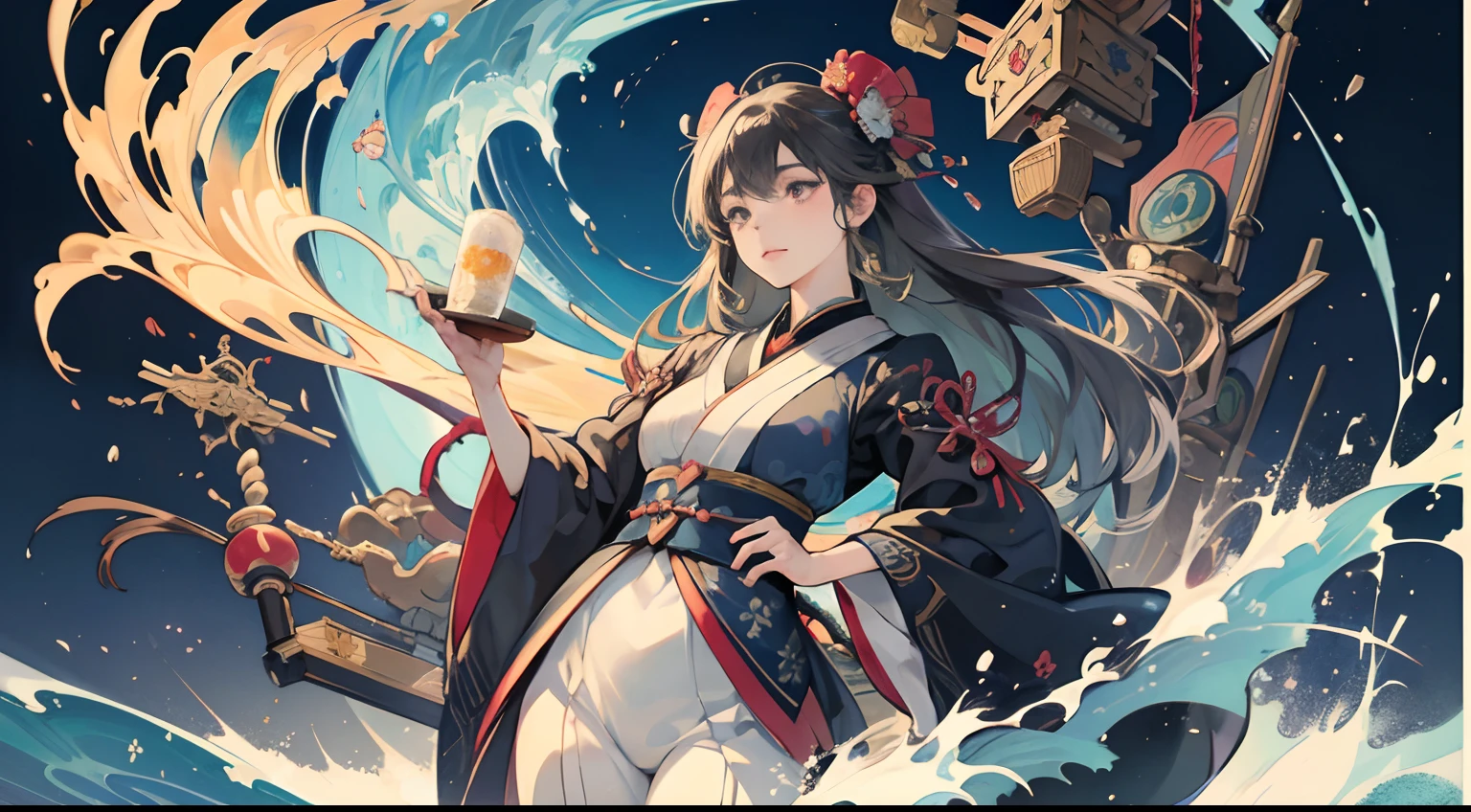 Hokusai, Kate Greenaway, Masamune Shirow, Alphonse Mucha, Mabel Attwell, Japanese anime, mysterious strange fantastic sci-fi fantasy, beautiful girl Alice, perfect body, newton’s cradle, candle, big wave, detailed high resolution high definition high quality masterpiece,
