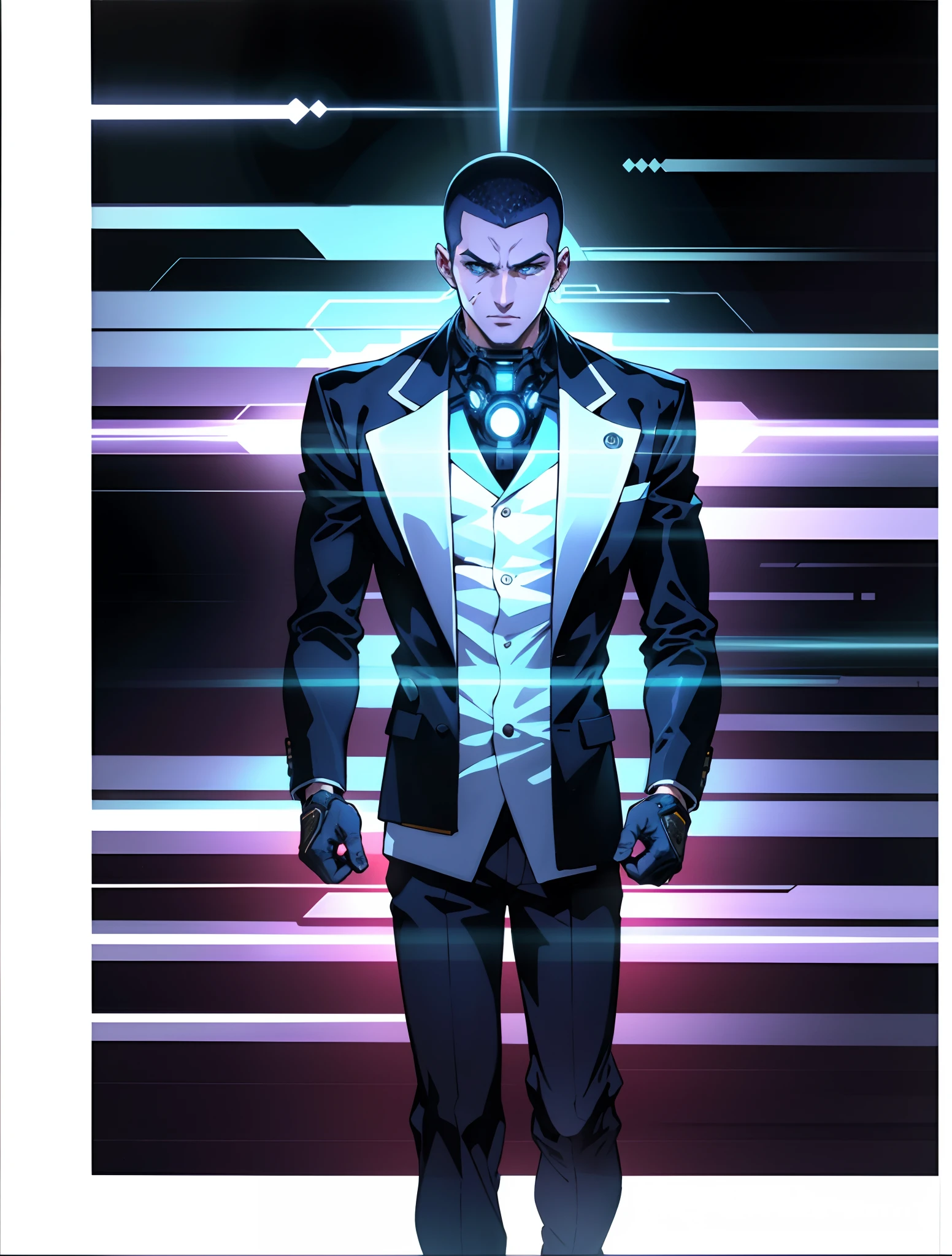 A man with a crew cut, a calm and rational expression, a wise gaze, wears a futuristic scientist's coat, primarily in shades of white, accented by touches of blue and purple, matching utility pants, standing in a mysterious laboratory of an ancient and advanced civilization, with a high-tech incubation tank emitting a faint glow in the background, this character embodies a finely crafted a futuristic sci-fi scientist in anime style, characterized by an exquisite and mature manga illustration art style, high definition, best quality, highres, ultra-detailed, ultra-fine painting, extremely delicate, professional, anatomically correct, symmetrical face, extremely detailed eyes and face, high quality eyes, creativity, RAW photo, UHD, 8k, Natural light, cinematic lighting, masterpiece:1.5