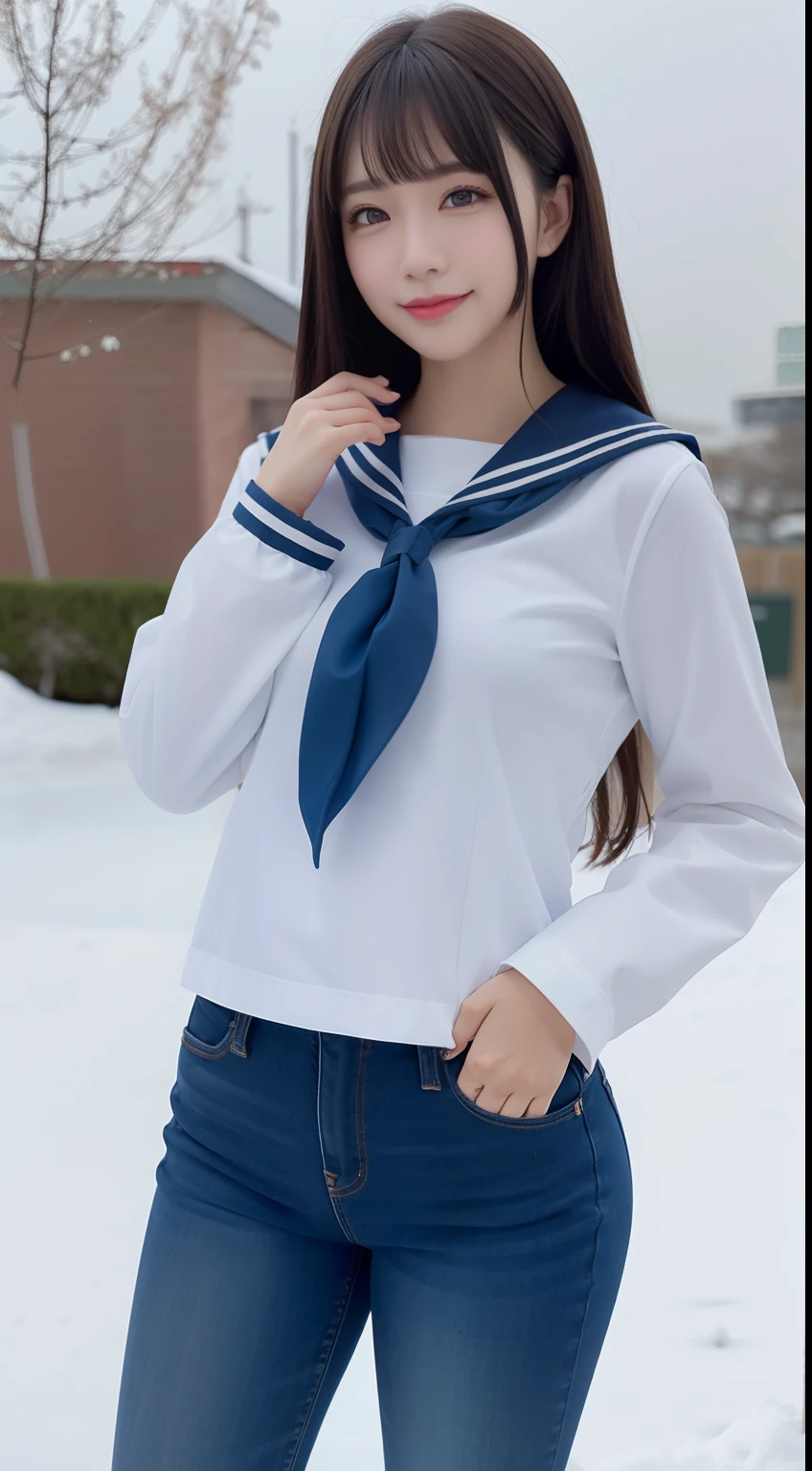 a pregirl,, ssmile, looking at viewert, sailor uniformm,skintight jeans, photore, realisticlying, Best quality at best, employee, 详细的脸, Standing in the snow, diffuselighting, depth of fields, Background bokeh