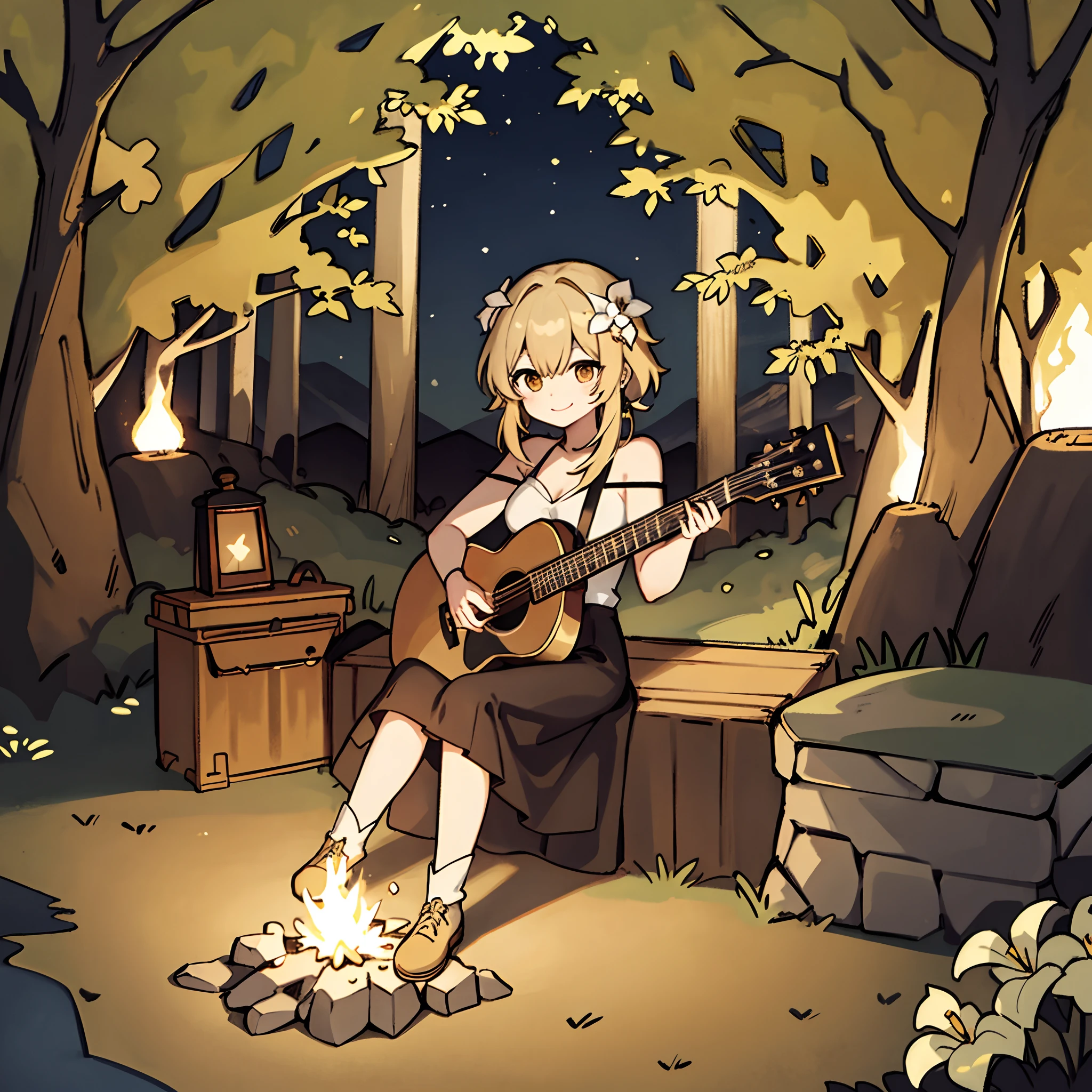 solo lumine playing an acoustic guitar, forest, trees, smile, mountains, sitting on a boulder, campfire, night, (flower hair ornament)