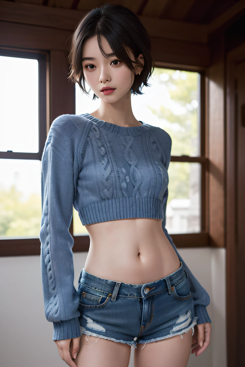 (masuter piece:1.3)、(8K、Photorealsitic、Raw photography、top-quality: 1.4)、(1girl in)、beautiful countenance、(Lifelike face)、(A dark-haired、short-hair:1.3)、Beautiful hairstyle、realisticeyes、Beautiful details、(real looking skin)、Beautiful skins、absurderes、enticing、超A high resolution、A hyper-realistic、high-detail、the golden ratio、((wide open abdomen))、((open abdomen))、((wide open navel))、((open navel))、((Mid-Riff Sweater))、((Ultra-low rise、Denim shorts))、((Navel Ejection))、((small hips))、((long limbs))、((Full body depiction))、((small hip))、(Ultra-low rise))、((Denim shorts))、((is standing))、