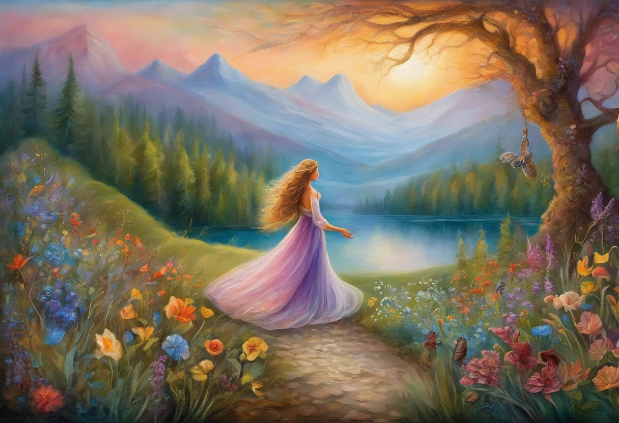 "In a magical world inspired by children's fairy tales, a beautiful young woman with flowing long hair walks through a enchanting meadow. She wears an ethereal, floor-length dress made of delicate, colorful tulle. The scene is adorned with a magnificent castle, a serene lake, towering mountains, lush floral vegetation, and soft-colored trees, including pines. The sky above is filled with extraordinary hues, as if painted by a fairy's brush."Josephine wall, Catherine Abel,trending Pinterest