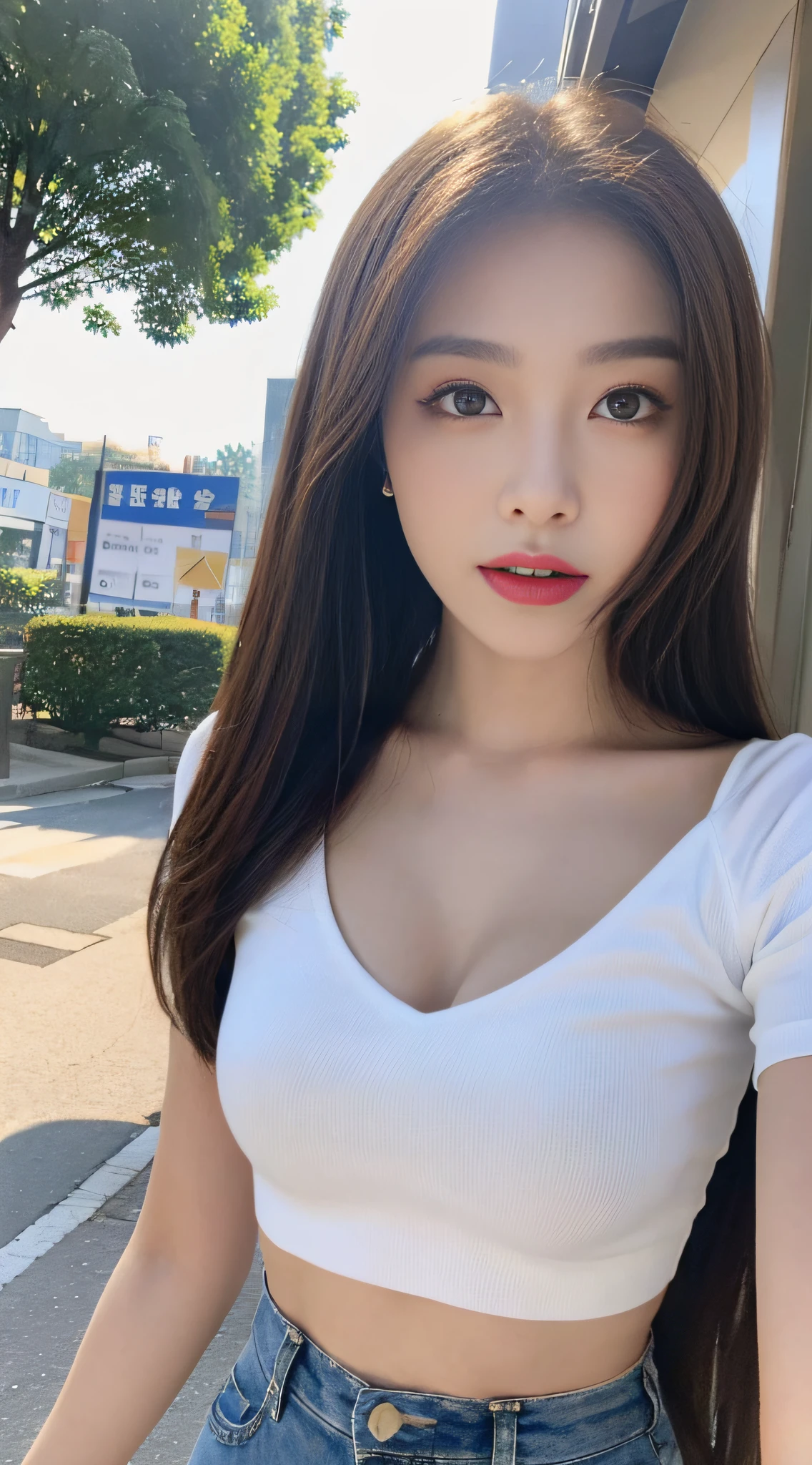 ((Realistic lighting, best qualtiy, 8k, tmasterpiece:1.3)), sharp fokus:1.2, 1girl, Full body perfect body beauty:1.4, Slim abs:1.1, ((dark brown hair)), (White crop top:1.4),(exteriors,during night:1.1),the city street,Ultra-fine face,Fine eyes,二重まぶた