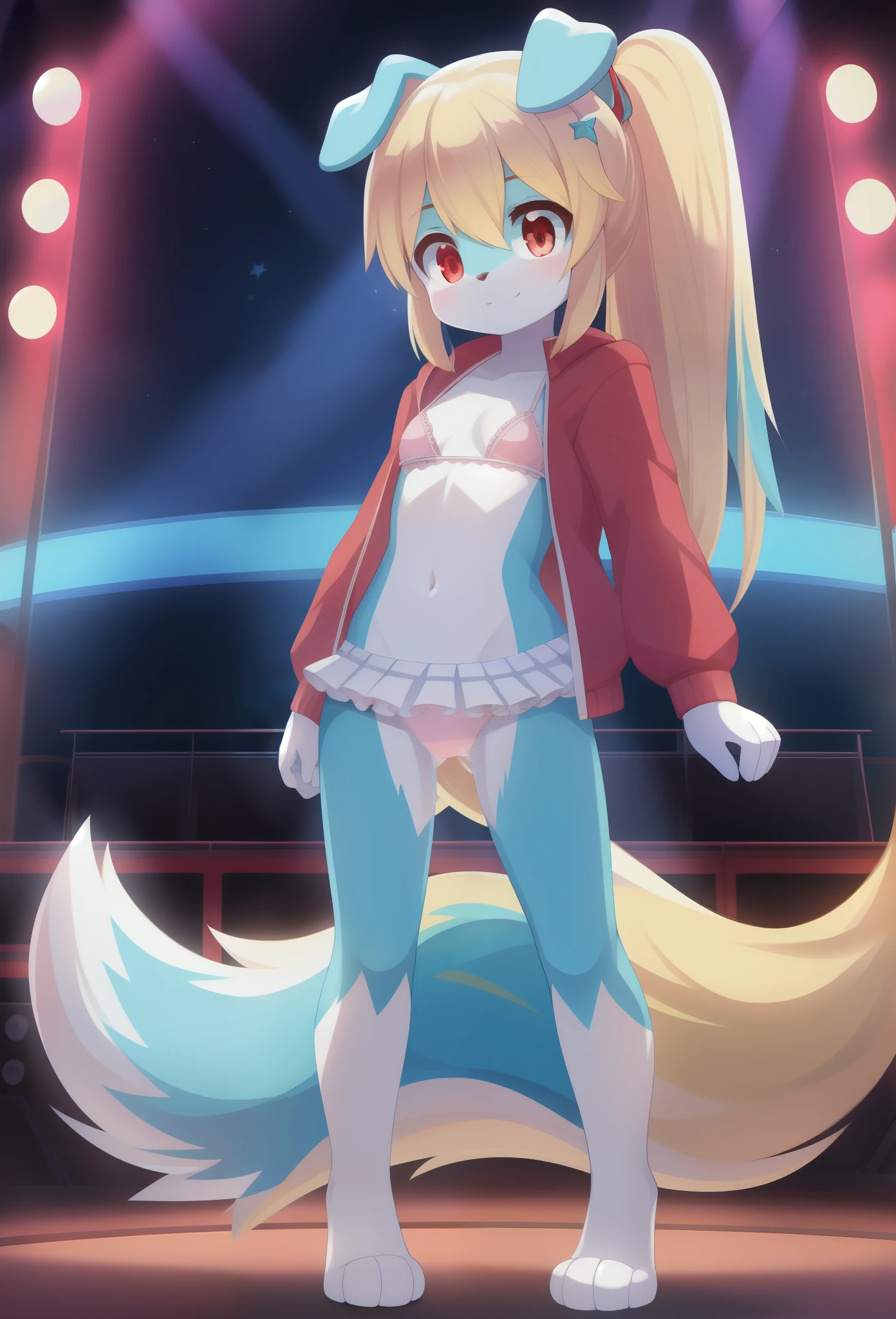 Furry girl, young, dog, cute hair, long ponytail, two tone hair, blonde hair, blue side hair, stars hairpin, red eyes, small breasts, detailed body fur, small pink jacket, open clothes, white frilly bikini, White frilly skirt, masterpiece, looking at you, two tone body fur, turquoise body fur, clear turquoise body fur, detailed face, big eyebrows, detailed eyes, detailed body, concert stage, detailed hands, glistering body, shiny body, skinny, :3, floppy dog ears, full body, paws whit three toes,