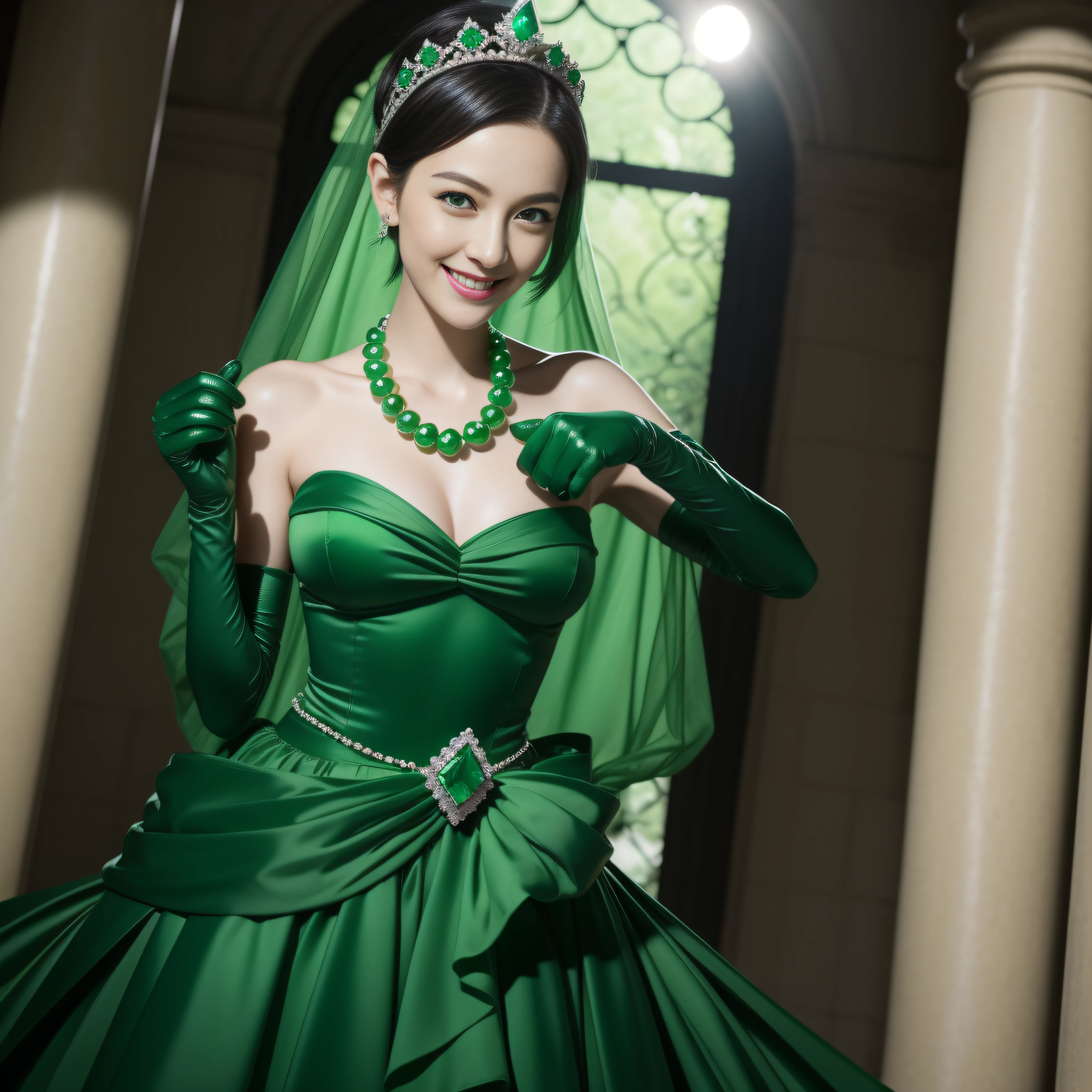 emerald tiara, Green Pearl Necklace, Boyish very short black hair, lipsticks, Japan woman smiling, very short short hair, fist, big breasts beautiful, Green eyes, Long green gloves made of satin material, Green eyes
