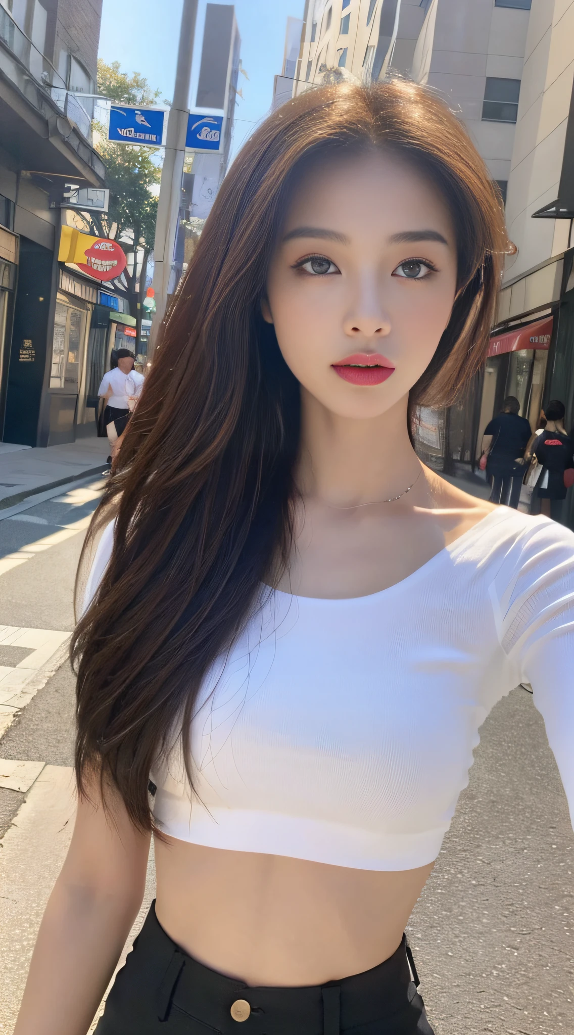 ((Realistic lighting, best qualtiy, 8k, tmasterpiece:1.3)), sharp fokus:1.2, 1girl, Full body perfect body beauty:1.4, Slim abs:1.1, ((dark brown  hair)), (White crop top:1.4）,（exteriors，during night：1.1），the city street，Ultra-fine face，Fine eyes，二重まぶた
