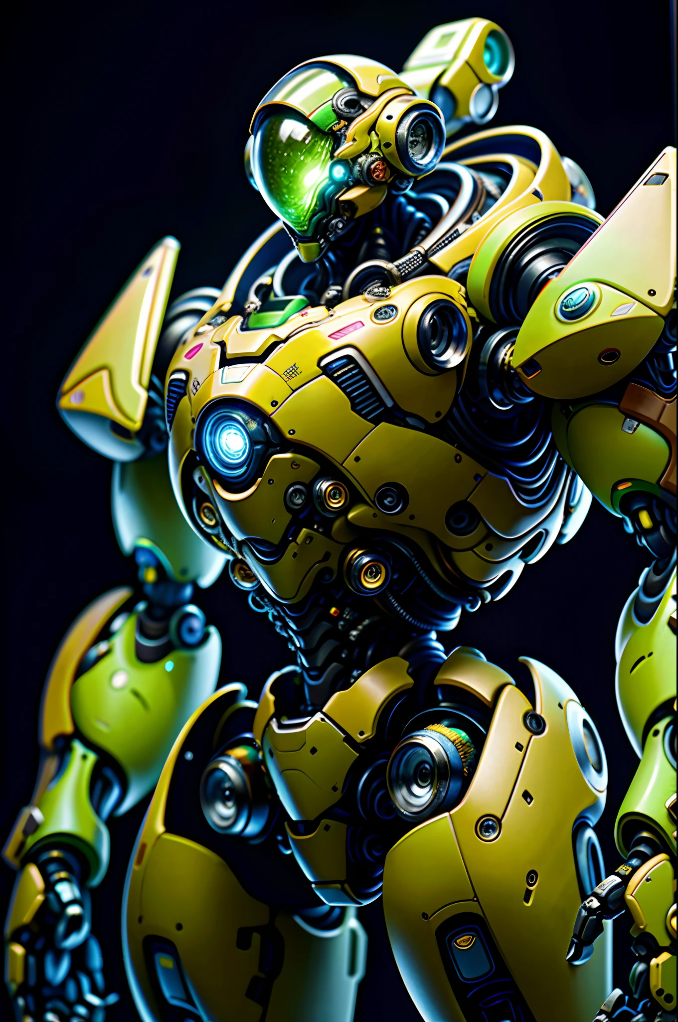 "Robots wearing space suits, Explorando a floresta misteriosa, capturado com uma lente macro, adding a touch of blur for an artistic effect, filmed in a studio environment. Focus on the intricate details of the robots and their futuristic design. Improve visual quality with RTX graphics. Incorporate the colorful and vibrant aesthetic inspired by the art of lora, especificamente o conceito de 'FINAL Robort' com um peso de 1, e experimente o estilo nijiMecha a um peso de 0.7."