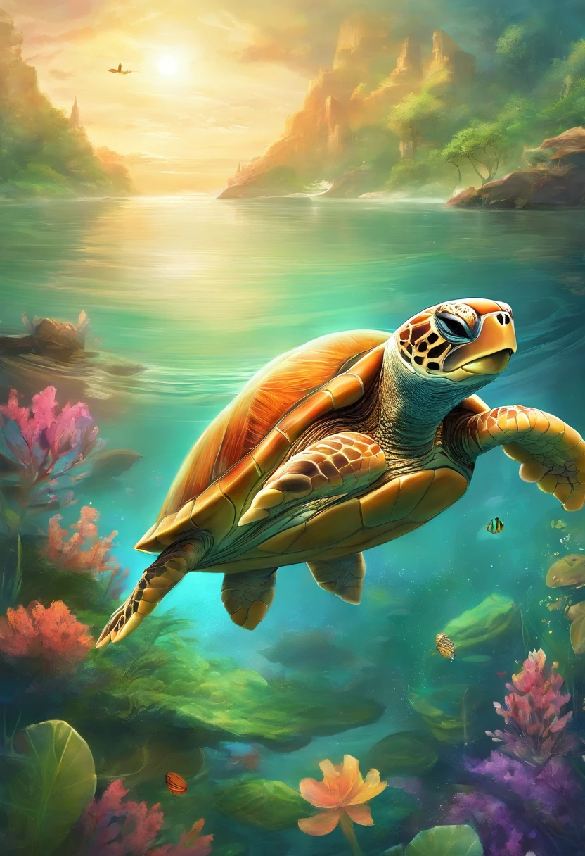 There is a turtle，Has the face of a cute cat swimming in the sea, Has a cute cat face, With turtle shell, Diving in the water,