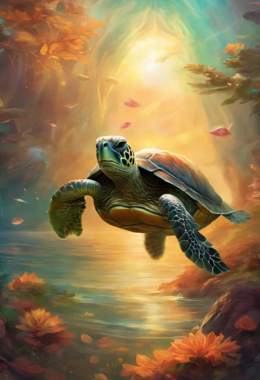 There is a turtle,Has the face of a cute cat swimming in the sea, Has a cute cat face, With turtle shell, Diving in the water,