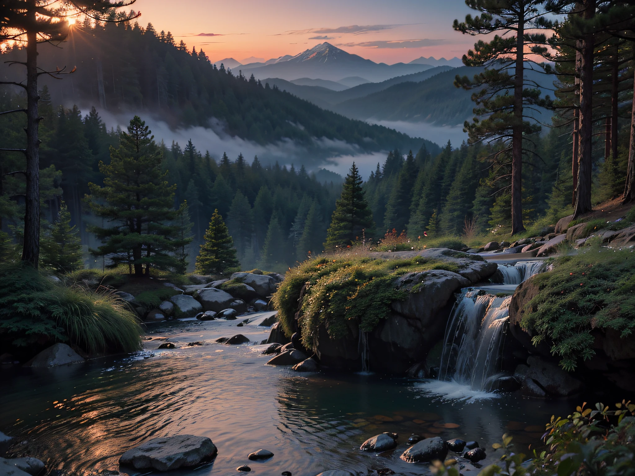 deep in a red tinted pine forest at dusk, foggy, ground view, matte painting, rocky, waterfall in distance, stunning detail, 4k, hd, clean, full of detail, sharp focus, rule of thirds by Makoto Shinkai, thomas kinkade, Karol Bak, trending on artstation