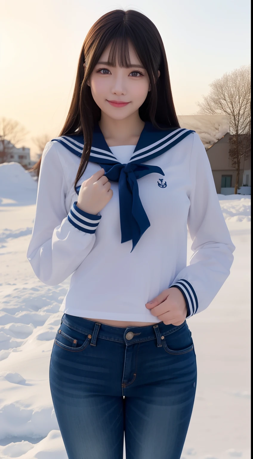 a pregirl，, ssmile, looking at viewert, sailor uniformm,skintight jeans, photore, realisticlying, Best quality at best, employee, 详细的脸, Standing in the snow, diffuselighting, depth of fields, Background bokeh