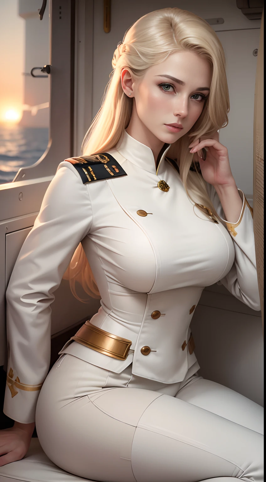 Realistic photo of a beautiful elegant lady, fashion model, (skin texture:1.1), (detailed eyes), (blonde hair), (long wavy hair), (detailed face), (skin pores), (legs), (broad shoulders), (lean perfect body), (((24DD breasts))), pale skin, ((high detail blue navy uniform with navy hat sexy breasts covered)), standing by navy ship, facing the camera, (masterpiece), (photorealistic:1.4), RAW photo, best quality, high res, rich colors, backlight, bright sunlight, cinematic lighting, film grain, raw photo, 50mm lens, Nikon D850, cool colors, golden ratio