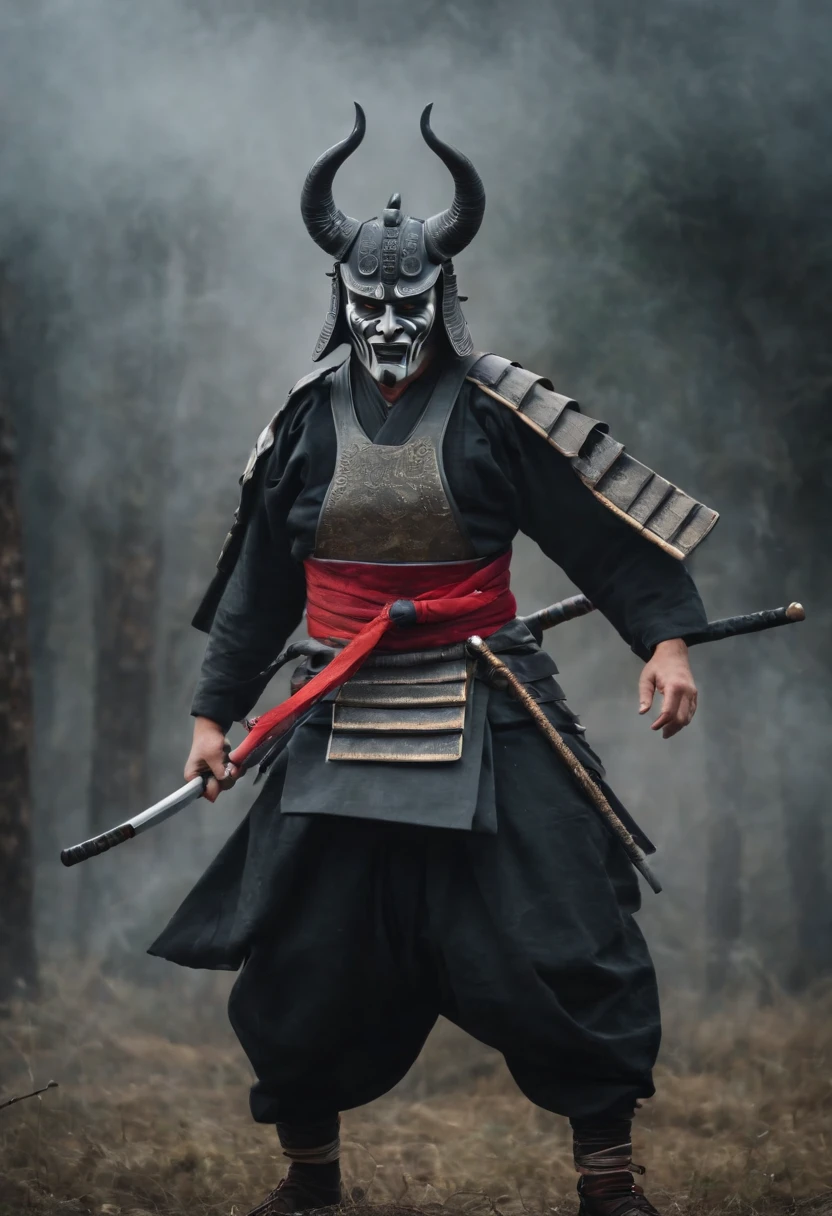 （Oni samurai），（Wearing a demon mask），Solo，Full body like，（Armed with a long sharp knife），Epic artwork，（（Kyoto panel painting style）），Wind effect：1.9，Cloud effects：1.2，Full rendering，Encaustic painting