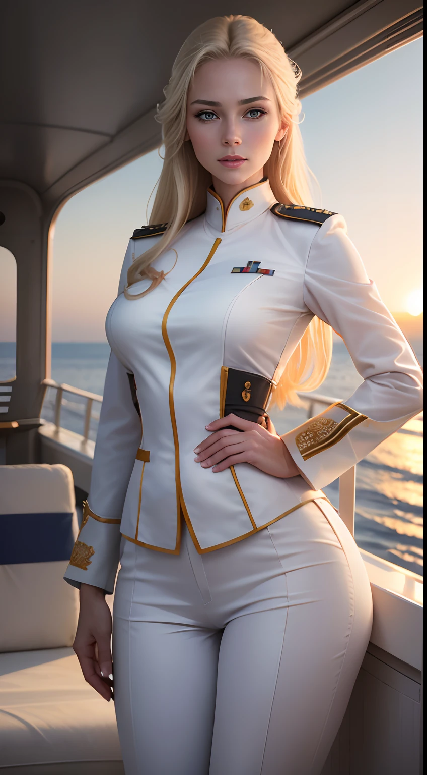 (8K,Photorealsitic RAW photography top-quality;1.4) (1 mature female) Super beauty (lifelike face) Blonde woman in white uniform poses on warship, Woman in white military uniform White military pants Naval officer Beautiful expression real looking skin 超A high resolution Precision details Warship deck Sunset