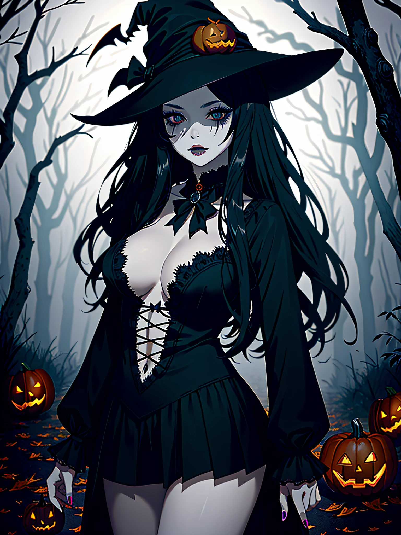 (ultra-realistic) (Halloween-style) (beautiful woman) (miniskirt) (spooky hat) (long hair) (big hips) (looking at viewer), 85mm, kodak ektar 100, photograph by renowned photographer, dramatic lighting, dark and mysterious atmosphere, enchanting, captivating, hauntingly beautiful, autumn leaves, elegant pose, alluring eyes, high fashion, cinematic, surreal, vibrant colors, fine art quality, intricate details, stylish makeup, gothic charm, shirt written happy halloween with spooky font