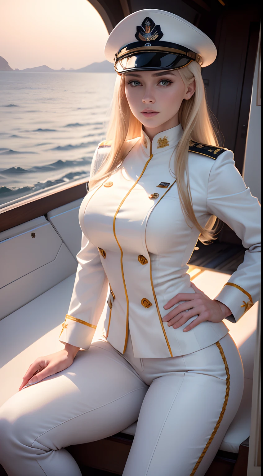 (8K,Photorealsitic　RAW photography　top-quality;1.4) 　(1 mature female)　Super beauty　(lifelike face)　Blonde woman in white uniform poses on warship,　Woman in white military uniform　White military pants　Naval officer　Beautiful expression　real looking skin　超A high resolution　Precision details　Warship deck　Sunset