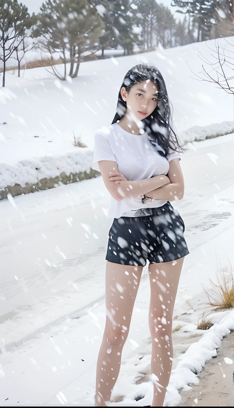 A Japanese Lady、beauitful face、Beautie、二重まぶた、Long Black Hair、short sleeved shirt、Micro shorts、beauty legs、Raw feet、tall、long legged、pin heels、model poses、arms in arms、Oyuki、snow cover、snow blowing、Visibility is poor due to snow、heavy wind、Hair disheveled by the wind