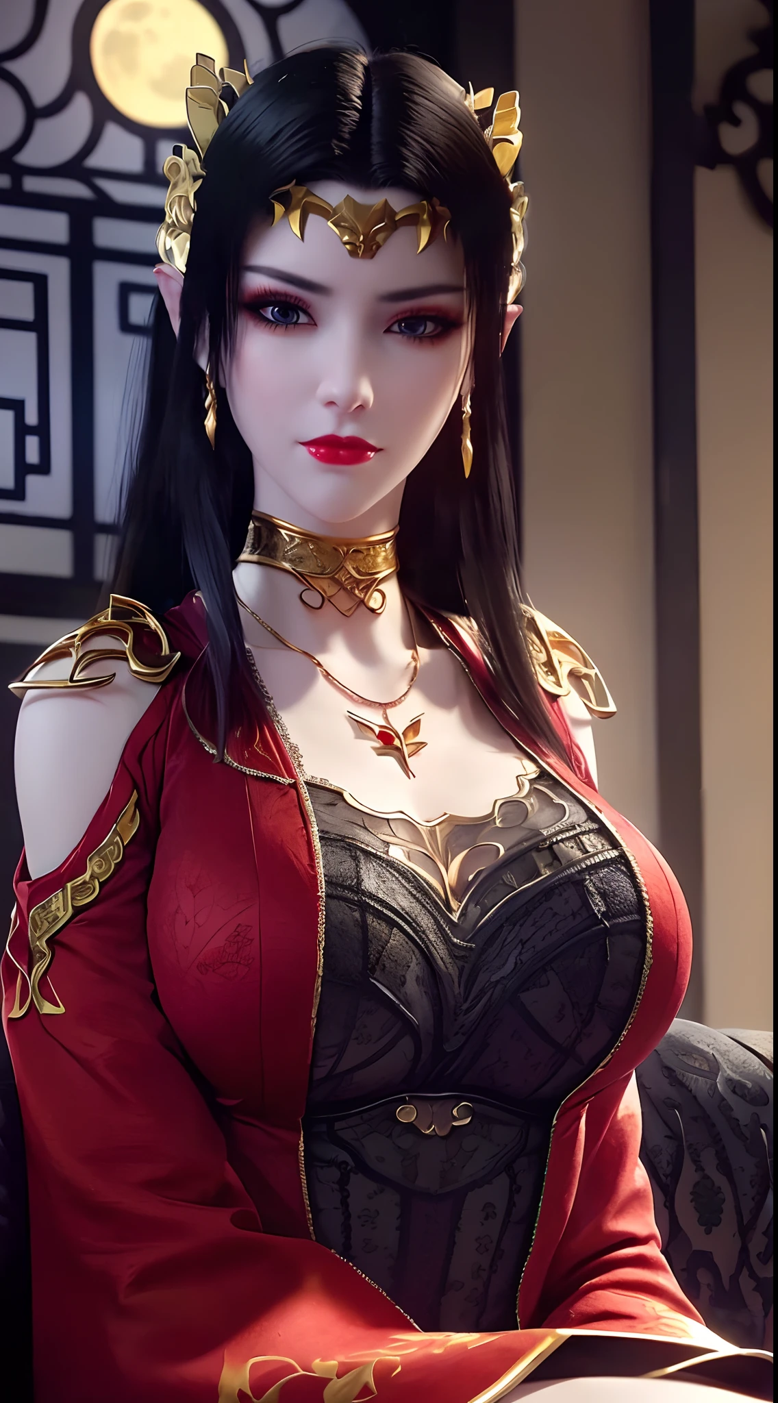 1 extremely beautiful queen, ((wearing traditional red hanfu with thin black patterns:1.6)), (((Patterns on clothes:1.6))), ((long black hair:1.6 )), elaborately crafted jewelry from precious stones and beautiful hair, (((wearing a 24k gold lace necklace:1.4))), noble, noble style of an extremely beautiful girl, Super cute little face, very pretty face, thin eyebrows, flawless beautiful face, ((black eye pupils: 0.8)), very beautiful eyes, ((platinum blue eyes: 1 ,6)), (((wide eyes: 1.6))), beautiful and detailed makeup, wet eye makeup eyelashes, high nose, earrings, red lips, ((closed mouth: 1.5) ) beautiful lips, slim arms, most beautiful thighs, ((arms behind and spread out to the sides: 1.5)), ((bent sitting position with chest out toward the audience and arms behind: 1.6) ), rosy face, clean face, flawless beautiful face, smooth white skin, (( super big and round firm breasts: 1.8)), firm breasts, beautiful cleavage, beautiful breasts, body perfect and proportioned, back arms, open chest, black sheer stockings with black lace trim, 8k photo, super high quality, hyper realistic, super 10 x pixel, optical, bright studio, bright edges, lighting two-tone, (high detail skin: 1.2), ultra 8k, soft light, high quality, volumetric light, optical, optical high resolution, light, best shot, quality 4k, 8k, smooth sharpness, 10 x pixels, ((sea and moonlight at night background: 1.5)), surreal graphics, most realistic graphics, 1 girl, alone, solo, extreme visuals sharp, surreal, (((frontal portrait: 1)))."