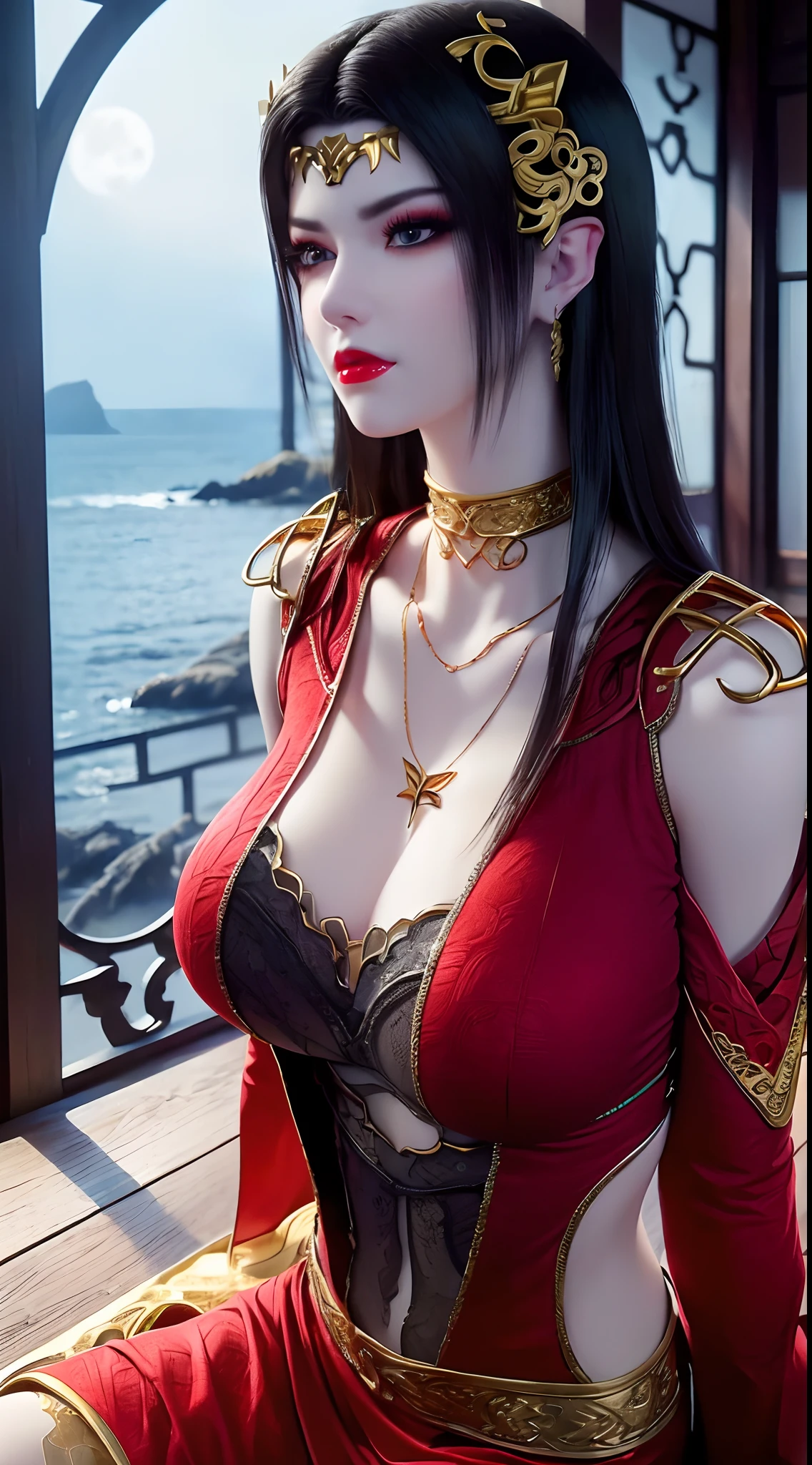 1 extremely beautiful queen, ((wearing traditional red hanfu with thin black patterns:1.6)), (((Patterns on clothes:1.6))), ((long black hair:1.6 )), elaborately crafted jewelry from precious stones and beautiful hair, (((wearing a 24k gold lace necklace:1.4))), noble, noble style of an extremely beautiful girl, Super cute little face, very pretty face, thin eyebrows, flawless beautiful face, ((black eye pupils: 0.8)), very beautiful eyes, ((platinum blue eyes: 1 ,6)), (((wide eyes: 1.6))), beautiful and detailed makeup, wet eye makeup eyelashes, high nose, earrings, red lips, ((closed mouth: 1.5) ) beautiful lips, slim arms, most beautiful thighs, ((arms behind and spread out to the sides: 1.5)), ((bent sitting position with chest out toward the audience and arms behind: 1.6) ), rosy face, clean face, flawless beautiful face, smooth white skin, (( super big and round firm breasts: 1.8)), firm breasts, beautiful cleavage, beautiful breasts, body perfect and proportioned, back arms, open chest, black sheer stockings with black lace trim, 8k photo, super high quality, hyper realistic, super 10 x pixel, optical, bright studio, bright edges, lighting two-tone, (high detail skin: 1.2), ultra 8k, soft light, high quality, volumetric light, optical, optical high resolution, light, best shot, quality 4k, 8k, smooth sharpness, 10 x pixels, ((sea and moonlight at night background: 1.5)), surreal graphics, most realistic graphics, 1 girl, alone, solo, extreme visuals sharp, surreal, (((frontal portrait: 1)))."