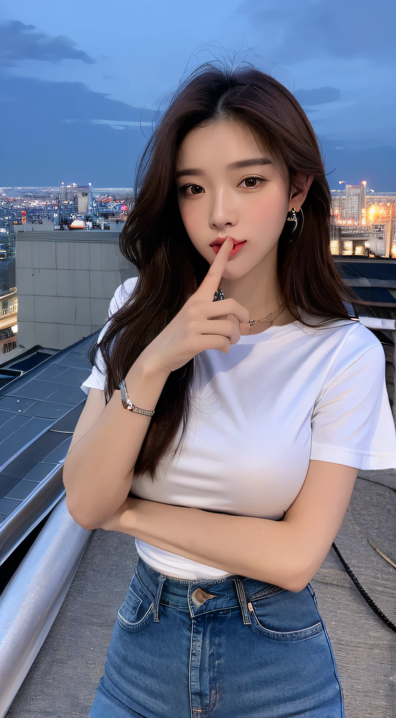 ((mid night、top-quality、8k、masterpiece:1.3)), full bodyesbian, long legged, foco nítido:1.2, Beautiful woman with perfect body shape:1.4, Slender Abs:1.1, ((dark brown hair、huge tit:1.2)), (White tight t-shirt、Tight skinny jeans 、is standing:1.2), ((Night City View、On the rooftop:1.3)), Highly detailed facial and skin texture, A detailed eye, 二重まぶた, pretty singers, pretty finger nails