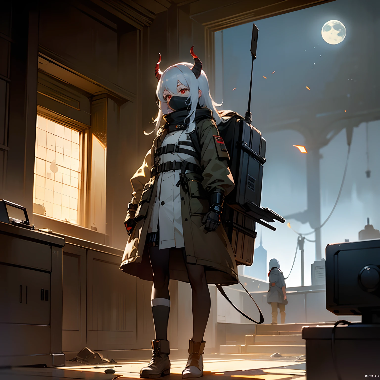 ((high quality)), ((masterpiece)), 8k, 1girls, bulletproof vest, light rays, extremely detailed CG unity 8k wallpaper, game cg, gauntlets, boots, full body, trench coat, computer, mask, giant killing drones, bag, backpack, spacecrafts, ancient machine, outside the field, long view, spacecrafts, grasses, broken moon, silver hair, demon horns, dark skin, red eyes, destroyed society, post apocalypse, fireflies, fantasy, science fiction,
