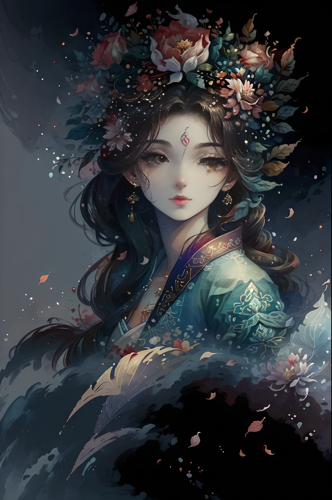 Tiago Jane(Tiago Jean)Pintura,cabelos preto e longos、Doress、Flowers and leaves are worn on the head、Paisagem urbana velha no fundo、Muitas borboletas voadoras、borboletas coloridas