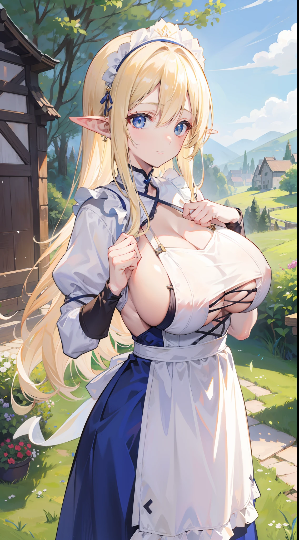 a beauty girl，Village girl，blonde with blue eyes，wearing apron，Countryside，zona rural，idyllic scenery，European Middle Ages，Toothy smile，Forehead，Forehead exposed，huge tit，Side breasts，耳Nipple Ring，Side waist slit，stocklings，mitts，((Side breasts))，Lace-up panties，pantiess，((huge tit))，(Pubic bone)，(Hold your hands on your chest)，(Elf Princess)，Dark  skin