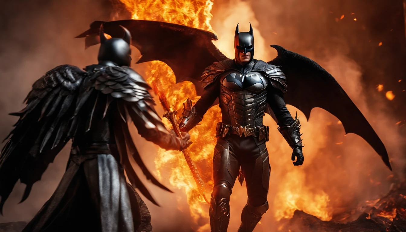 Ultra-realistic devil: A silver and black armor  batman angel with wings spread with a fiery sword in his hand, fire in the background
