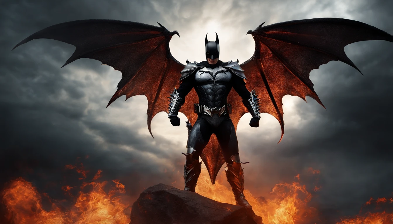 Ultra-realistic devil: A silver and black armor batman angel with wings spread with a fiery sword in his hand, fire in the background
