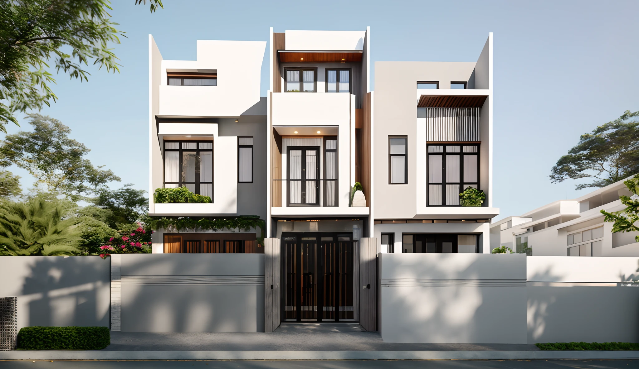 Townhouse in city, daylight,warm light, (sharp focus) front view of townhouse in style of modern, VietNam ,mutual colours, soft lighting, warm atmosphere,high Resolution, hyper detailed,4k ,vray render, hyper realistic,exterior design , professional photography, exterior photography,wide-angle shot , ultra detail , high Resolution .  all of doors and windows are made by Xingfa . have many trees , ivys, palms on the bancony. black iron frame . human and girl on the pavement. wooden ceiling. ceiling light.black iron gate.