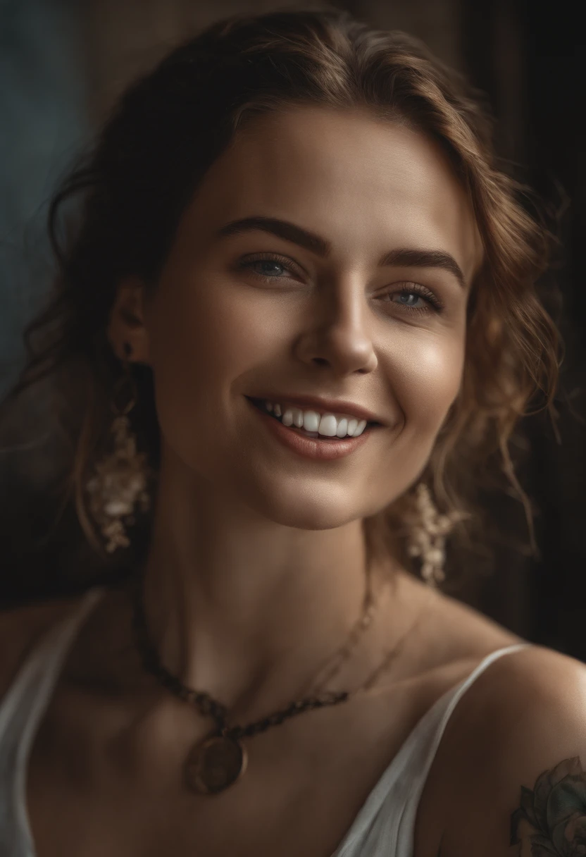 photo, rule of thirds, dramatic lighting, medium hair, detailed face, detailed nose, woman wearing tank top, freckles, collar or choker, perfect detailed hand, smile, tattoo, complex background, realism, realistic, rough, analog, woman, portrait , photorealistic, analog, realism, (chewing gum, blowing gum, gum ball out of mouth), full upper body in photo