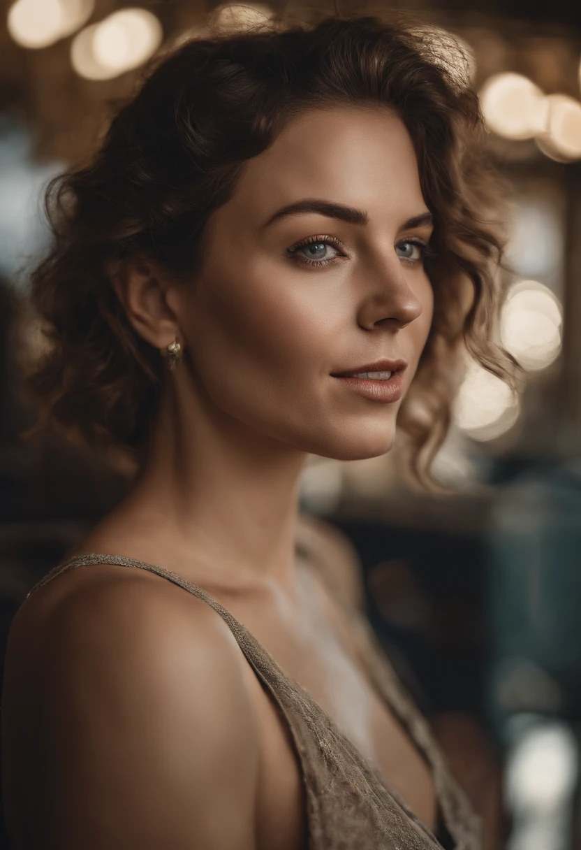 photo, rule of thirds, dramatic lighting, medium hair, detailed face, detailed nose, woman wearing tank top, freckles, collar or choker, perfect detailed hand, smile, tattoo, complex background, realism, realistic, rough, analog, woman, portrait , photorealistic, analog, realism, (chewing gum, blowing gum, gum ball out of mouth), full upper body in photo