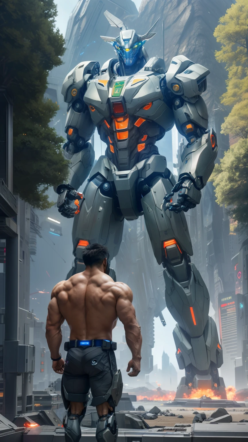 Arad strong muscular man in futuristic suit stands in front of a giant robot, A shirtless man wearing mecha network armor, Male mech, Cyberpunk anime macho mech, Mechanized male Valkyrie boy, cgsociety and fenghua zhong, Mechanized soldier boy, chengwei pan on artstation, by Russell Dongjun Lu, Perfect anime robot, wojtek fus